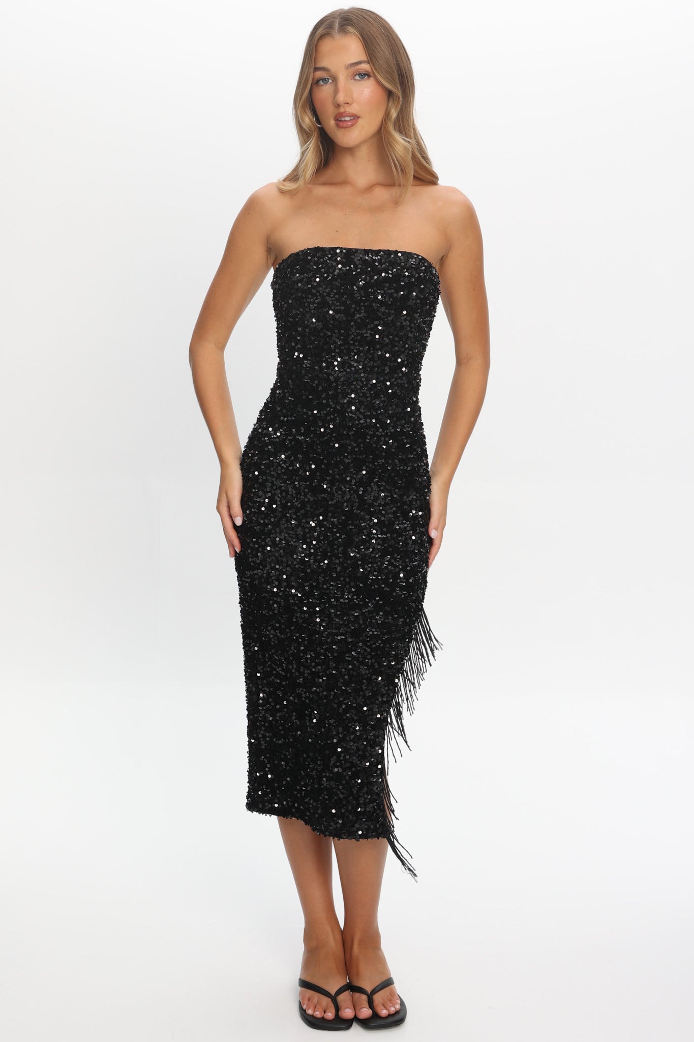 midi sequin black dress Events Tassel Trim Midi Dress Sequin Black