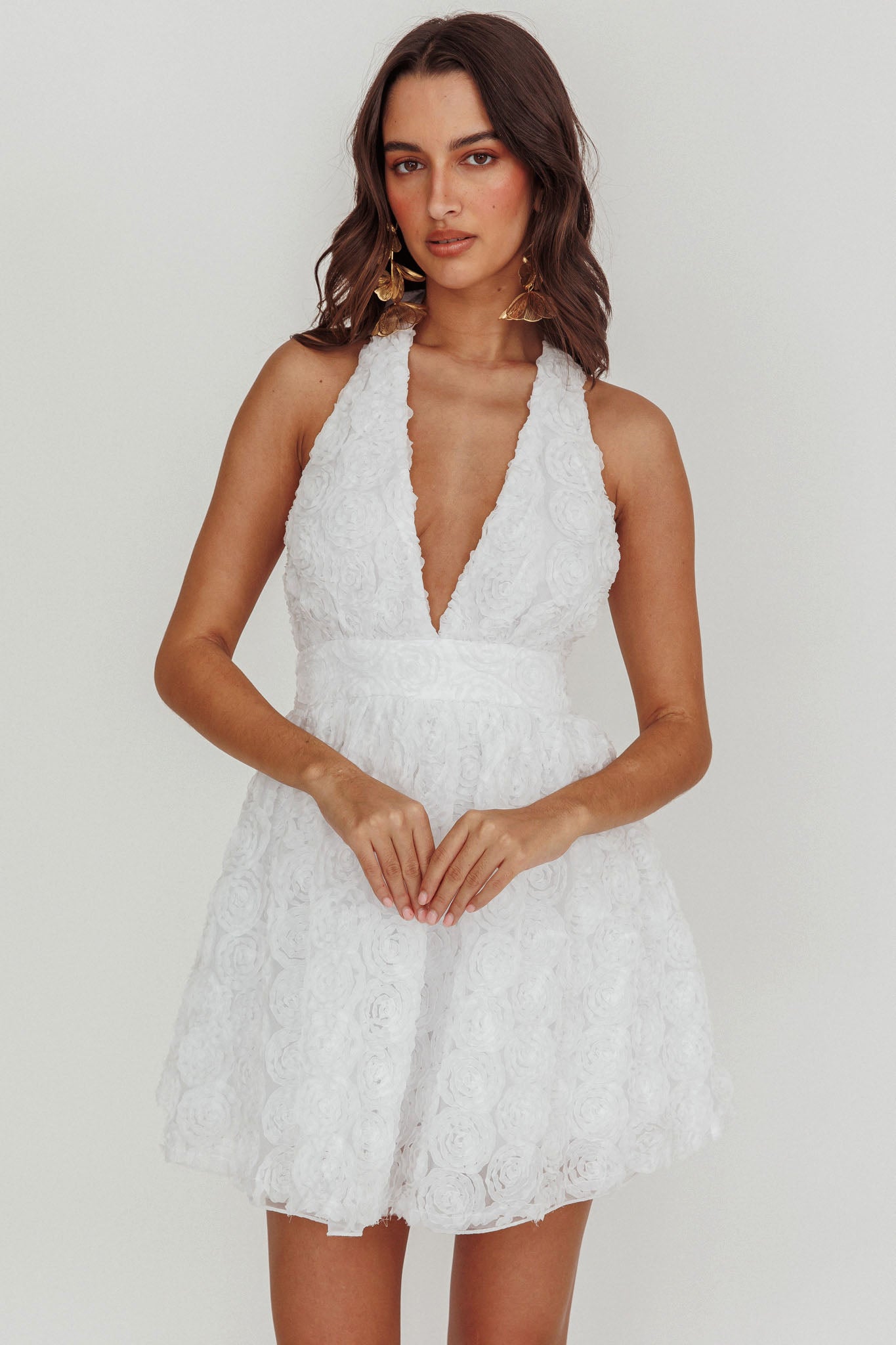 Lovelle Halter Neck Rosette Mini Dress White Lovelle Halter Neck Rosette Mini Dress White