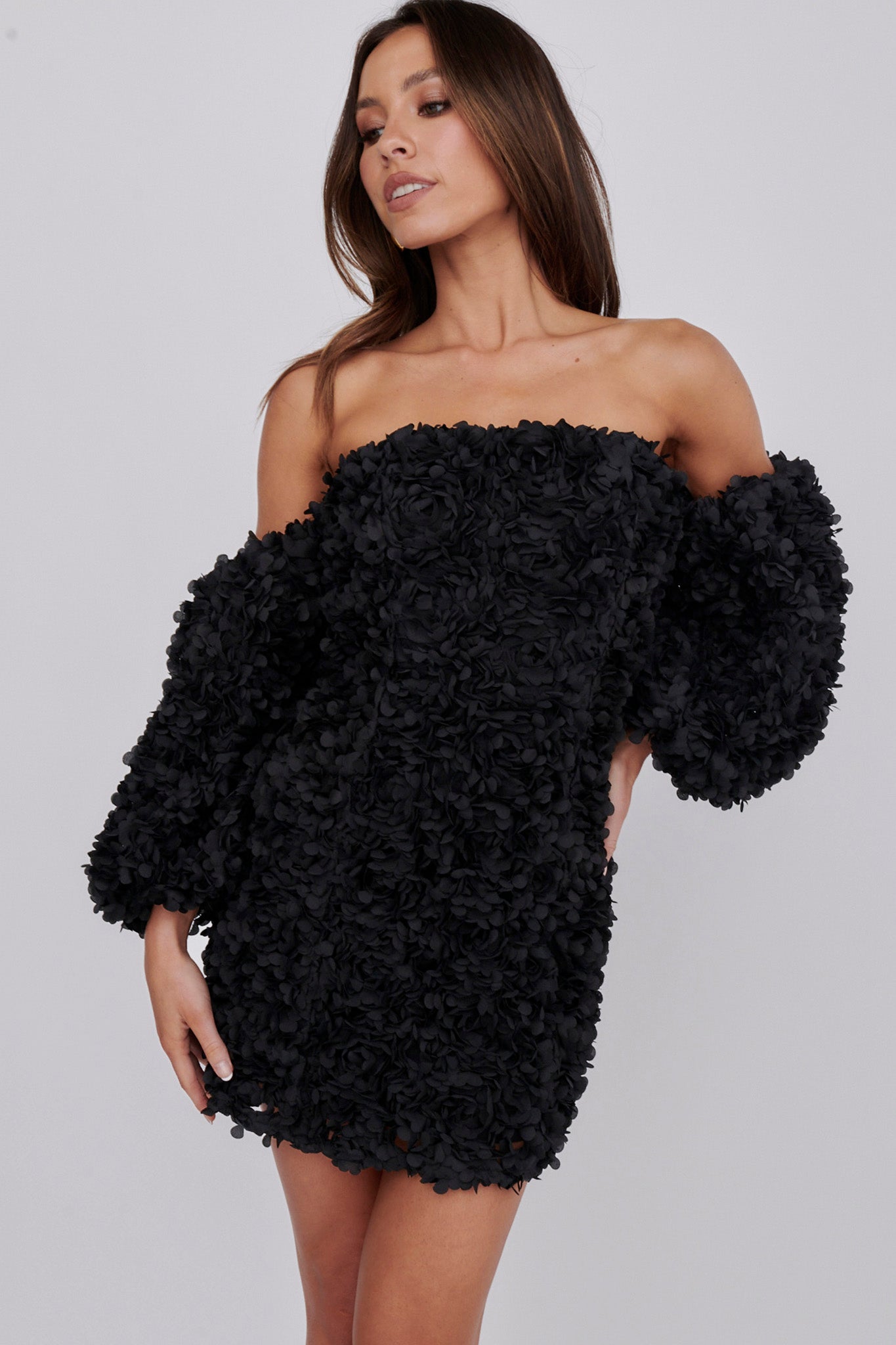 embellished mini dress black Vive La Rose Off-Shoulder Embellished Mini Dress Black S