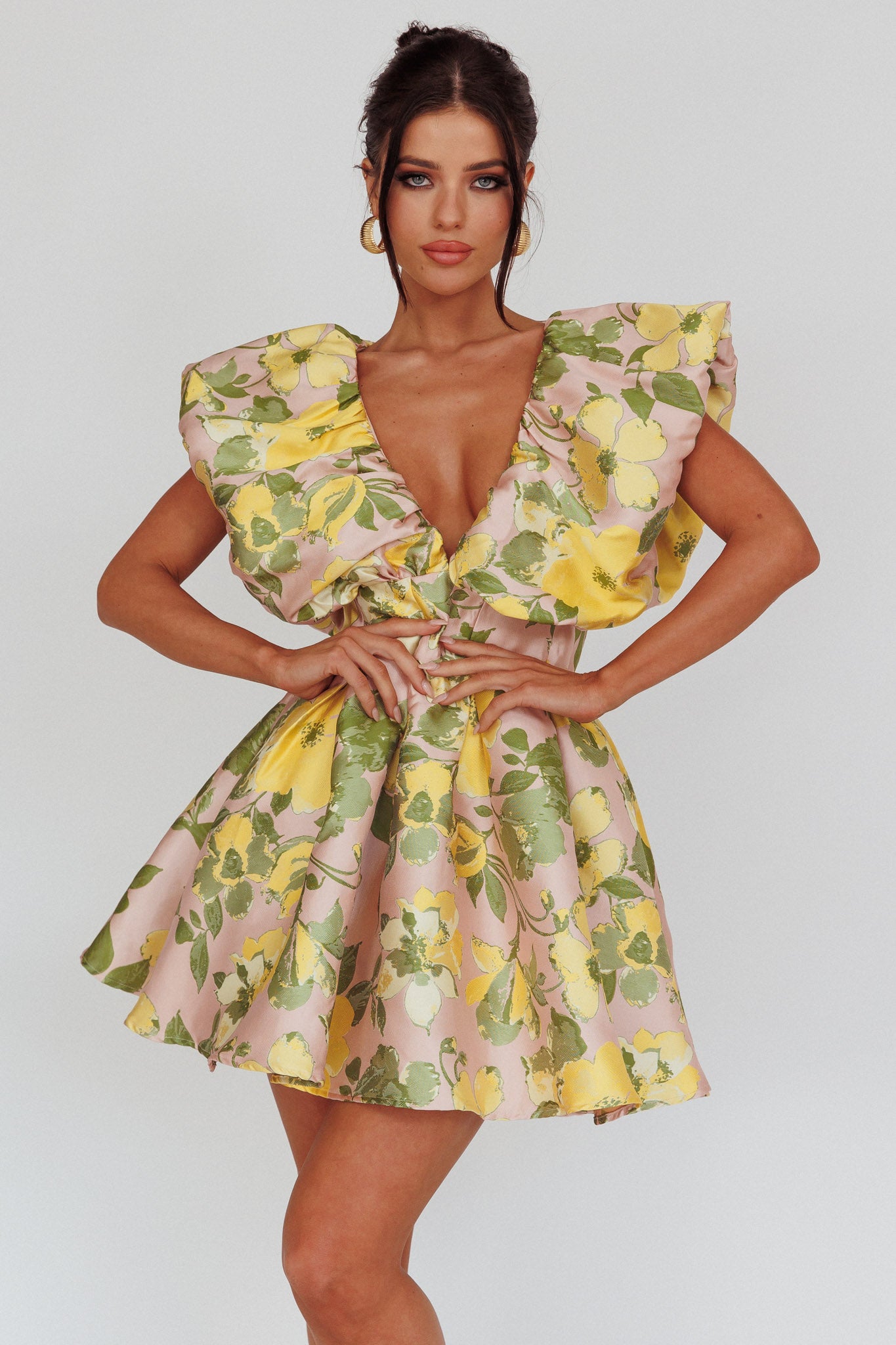 Bennet Puffed Neckline Mini Dress Floral Pink/Yellow Bennet Puffed Neckline Mini Dress Floral Pink/Yellow