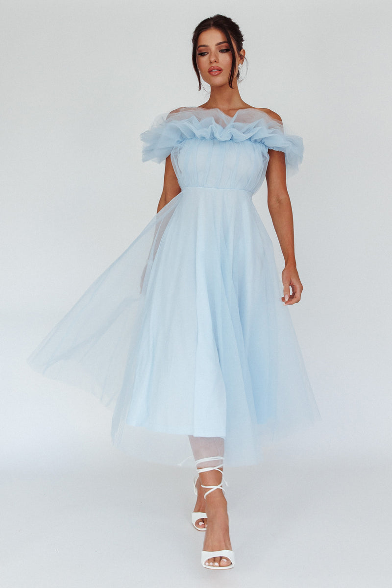 Shop the May Rose Off-Shoulder Tulle Midi Dress Light Blue