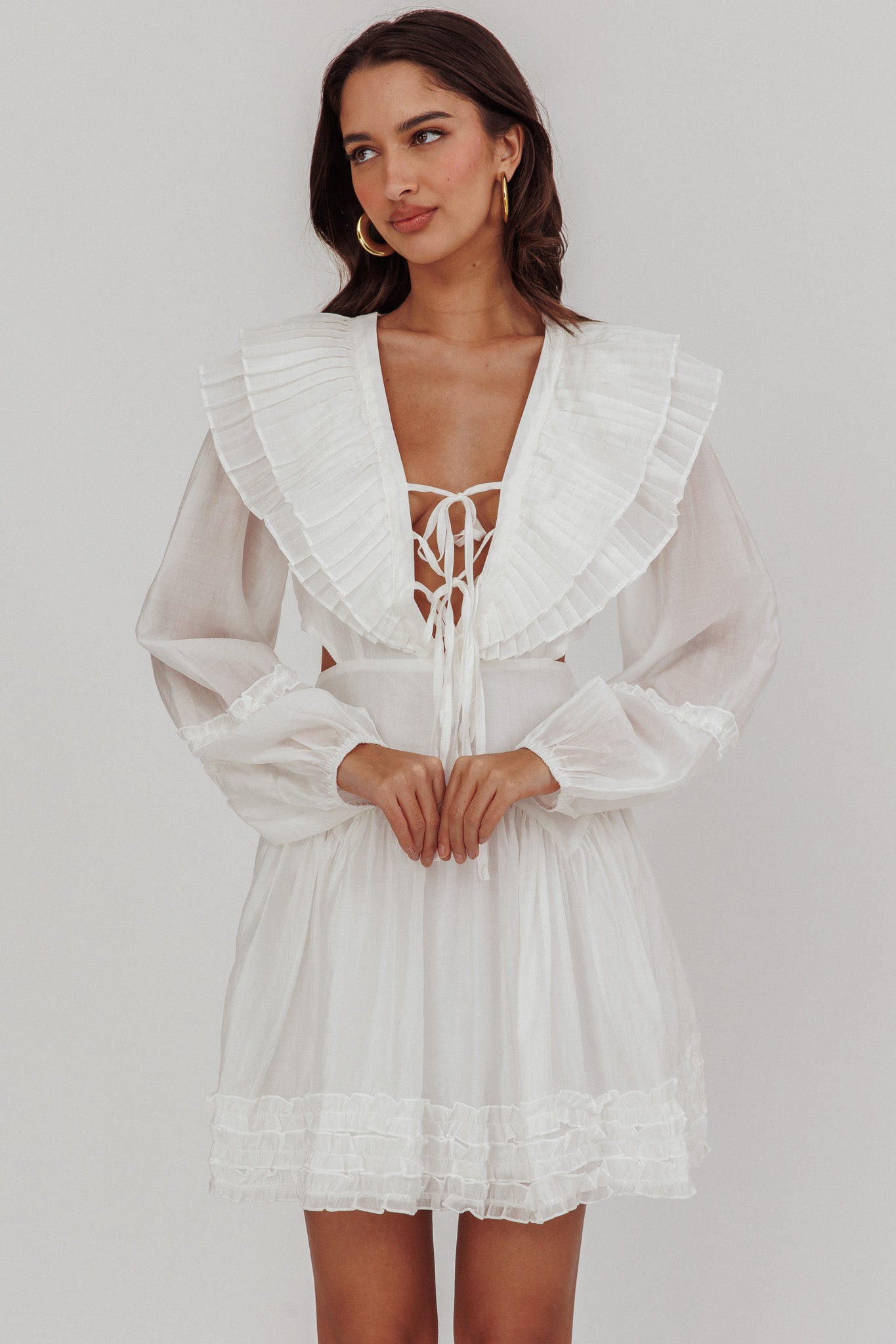 Alive Pleated Sailor Collar Mini Dress White - M Alive Pleated Sailor Collar Mini Dress White - M