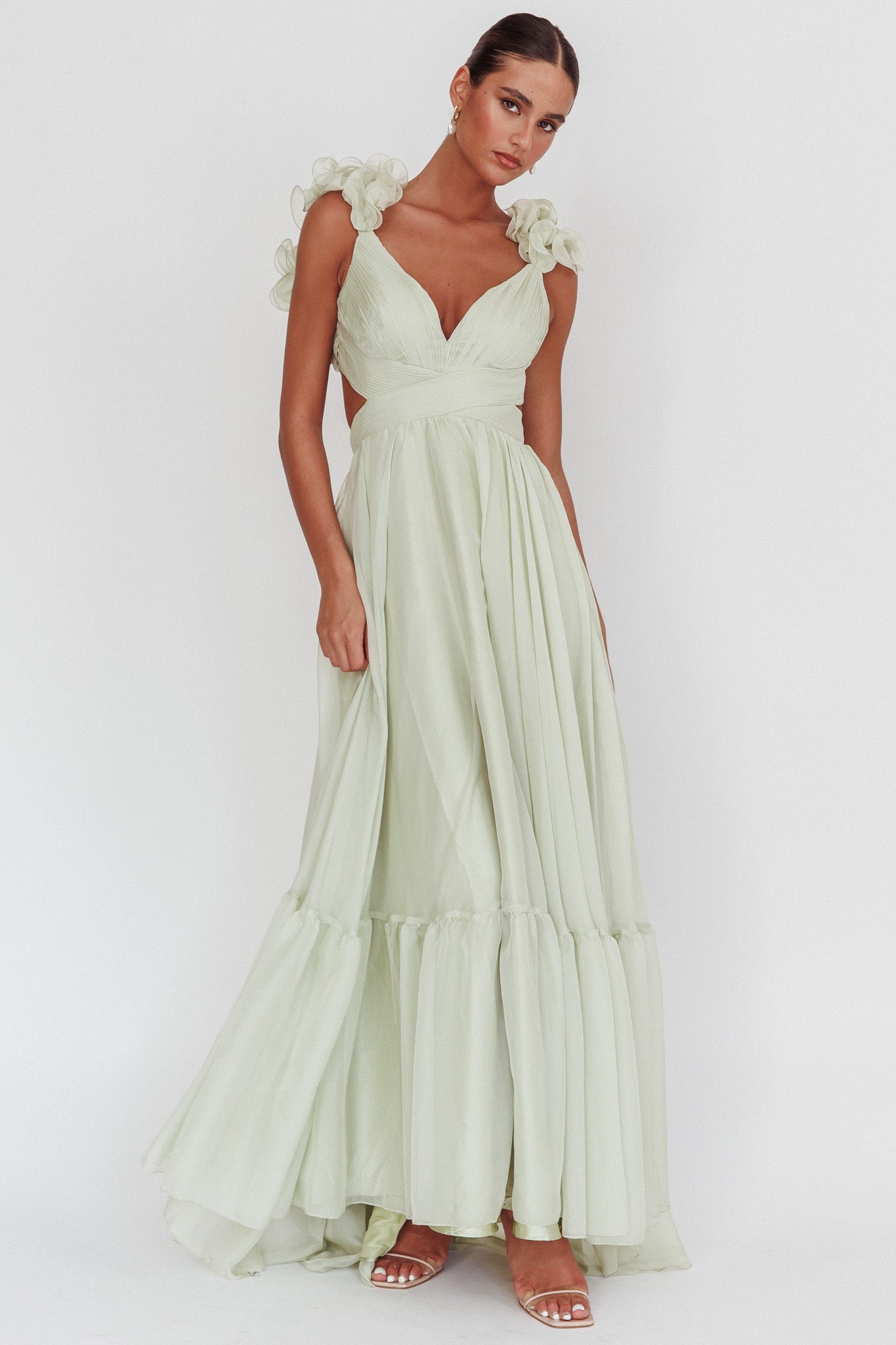 Bellamy Lace-Up Back Ruffle Maxi Dress Sage Bellamy Lace-Up Back Ruffle Maxi Dress Sage