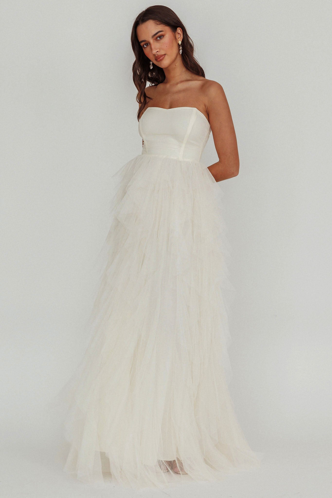 knee length dresses for ladies Rori Tulle Cascade Maxi Dress Ivory