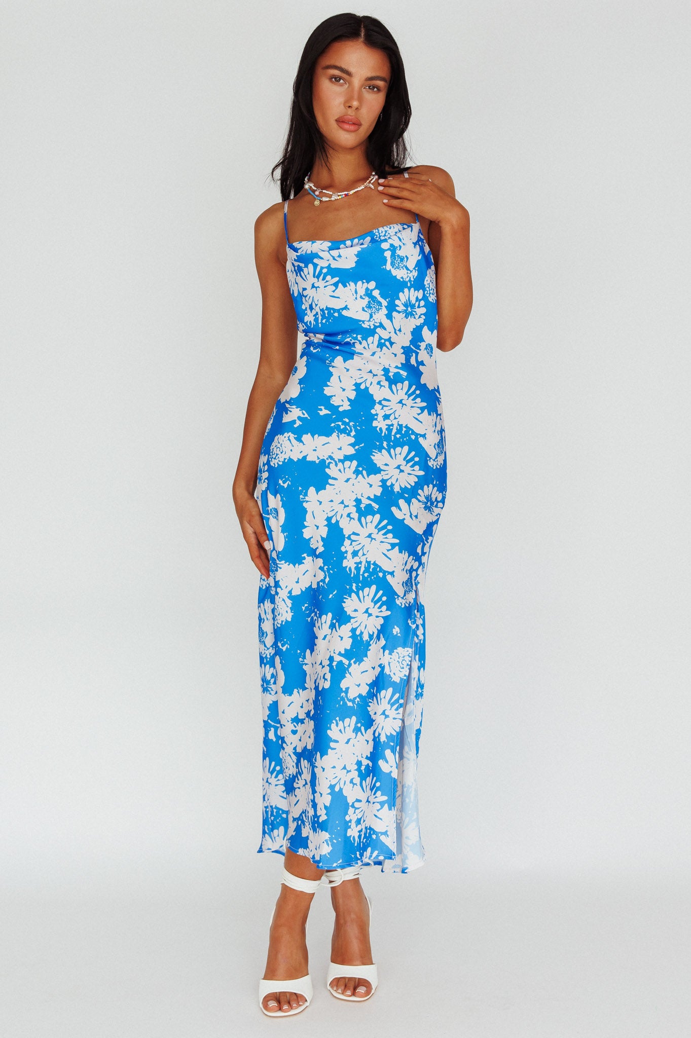 Sherilyn Criss-Cross Back Midi Dress Blue Floral Selfie Leslie
