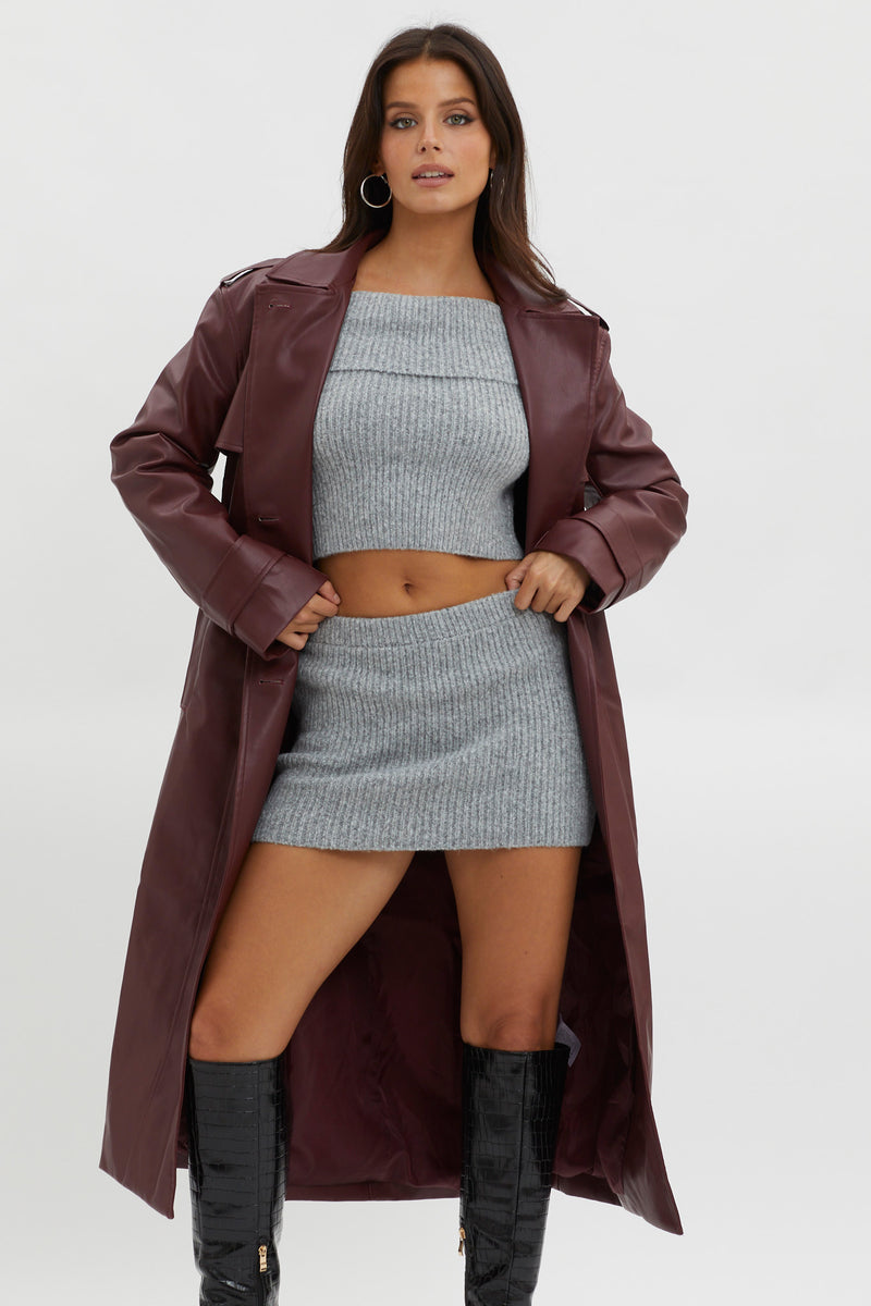 Shop the Zen Faux Leather Trench Coat Burgundy