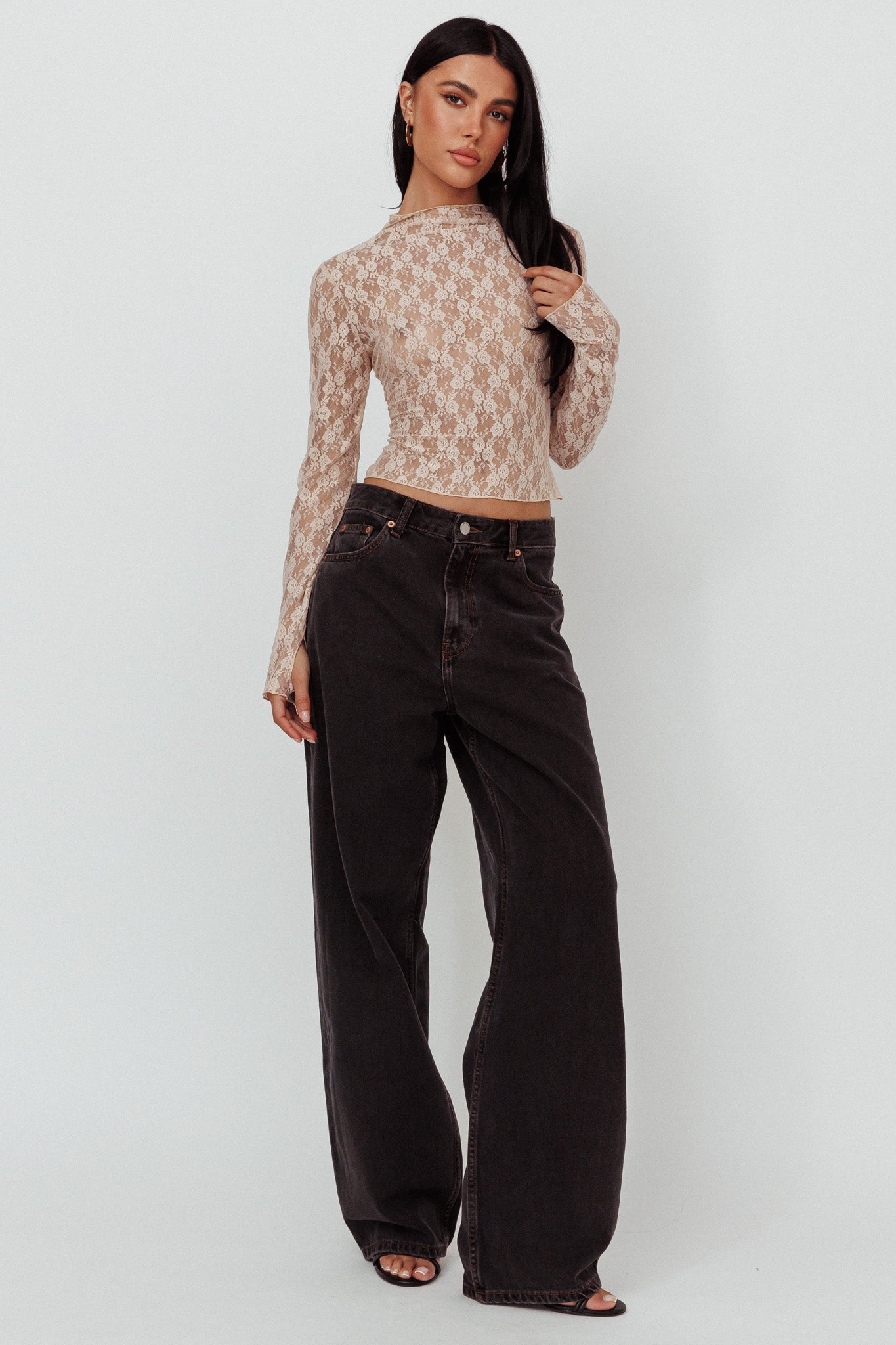 A La Mode Long Sleeve Lace Top Taupe by Selfie Leslie