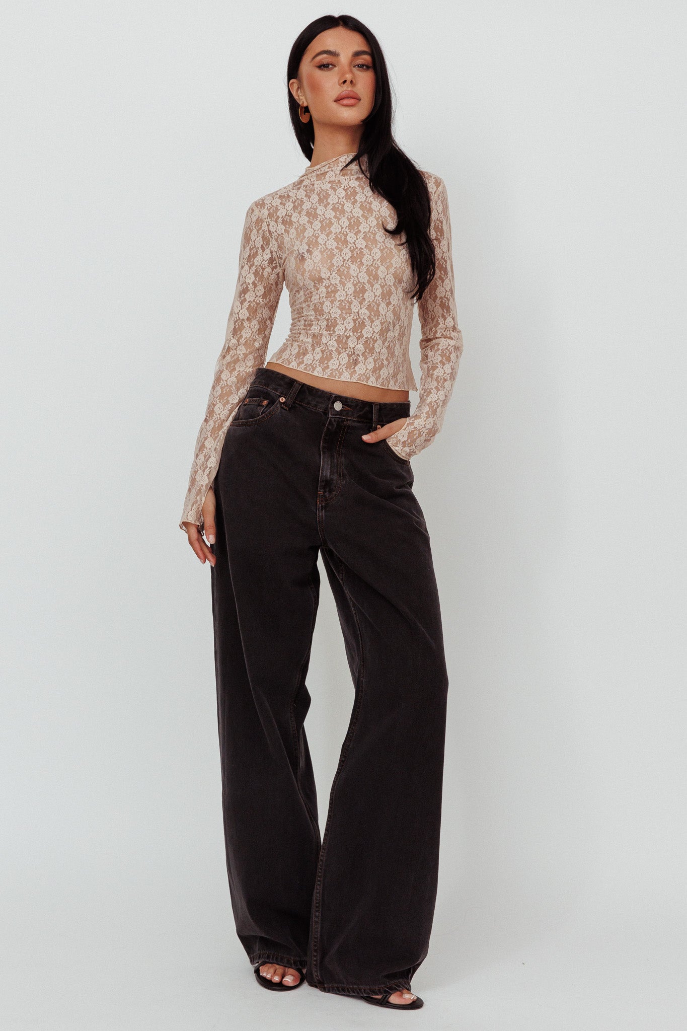 A La Mode Long Sleeve Lace Top Taupe by Selfie Leslie