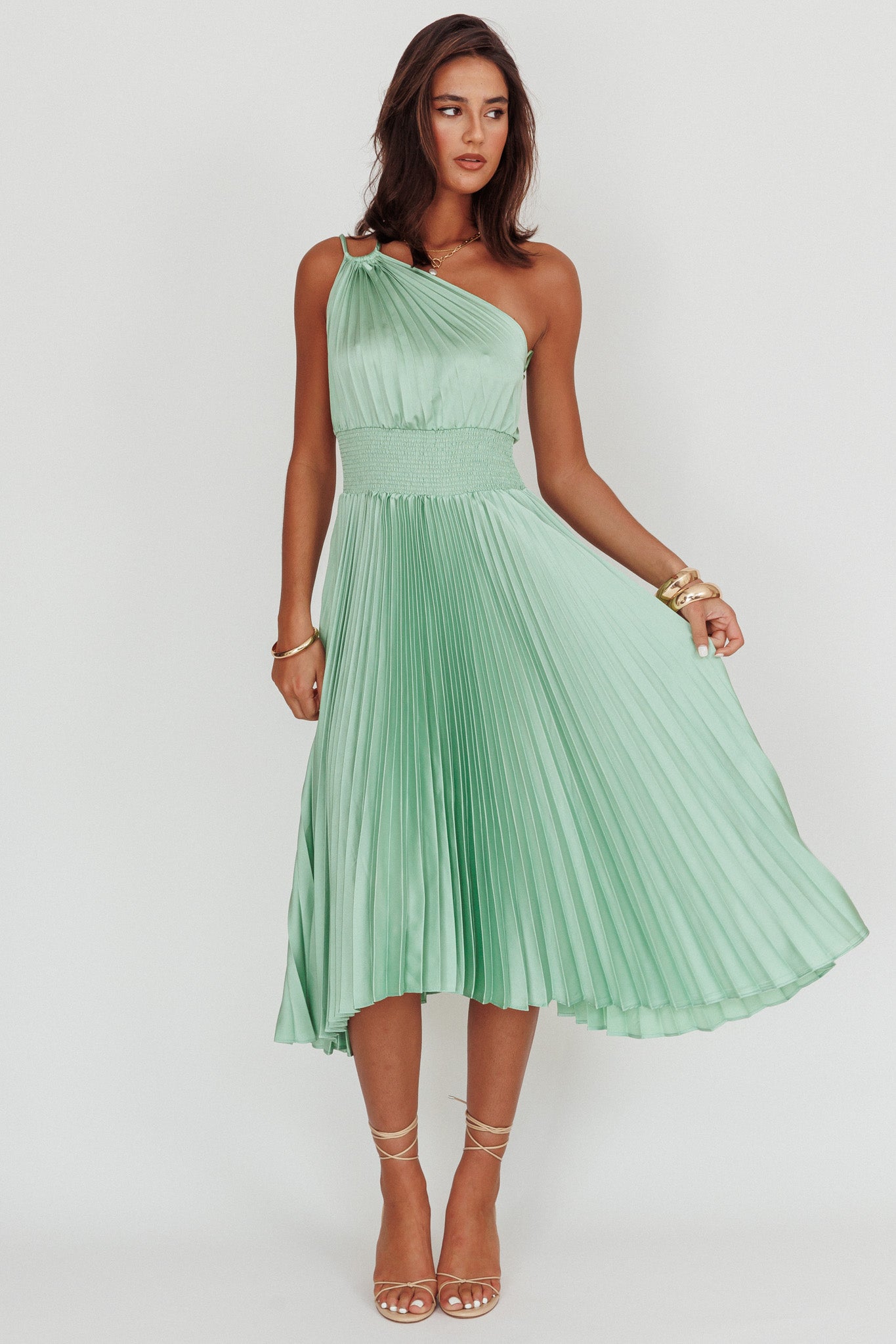 Calissa One Shoulder Pleated Midi Dress Sage Calissa One Shoulder Pleated Midi Dress Sage