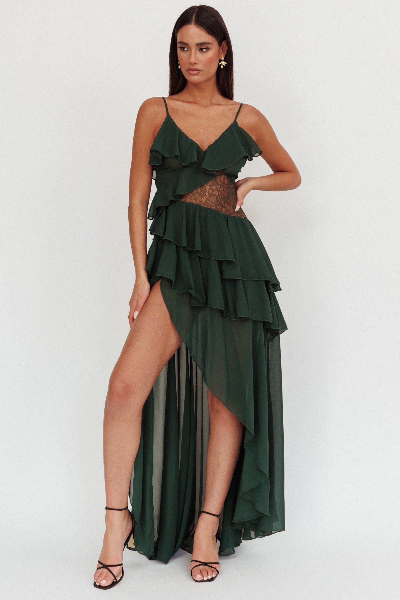 Amaretto Lace Waist Ruffle Maxi Dress Hunter Green - M