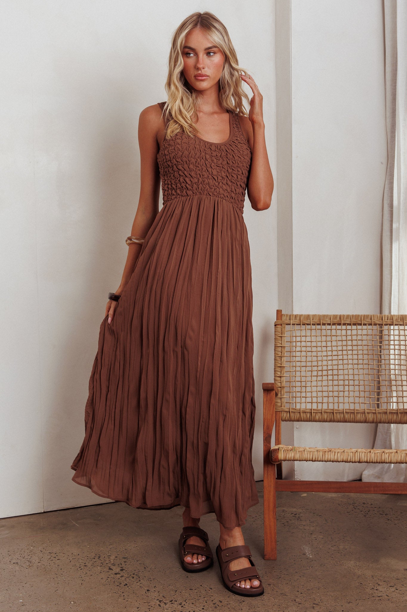 brown smocked maxi dress Baltic Born Womens Kearny Ruffle Maxi Dress | Brown + Natural | Color: Brown Floral