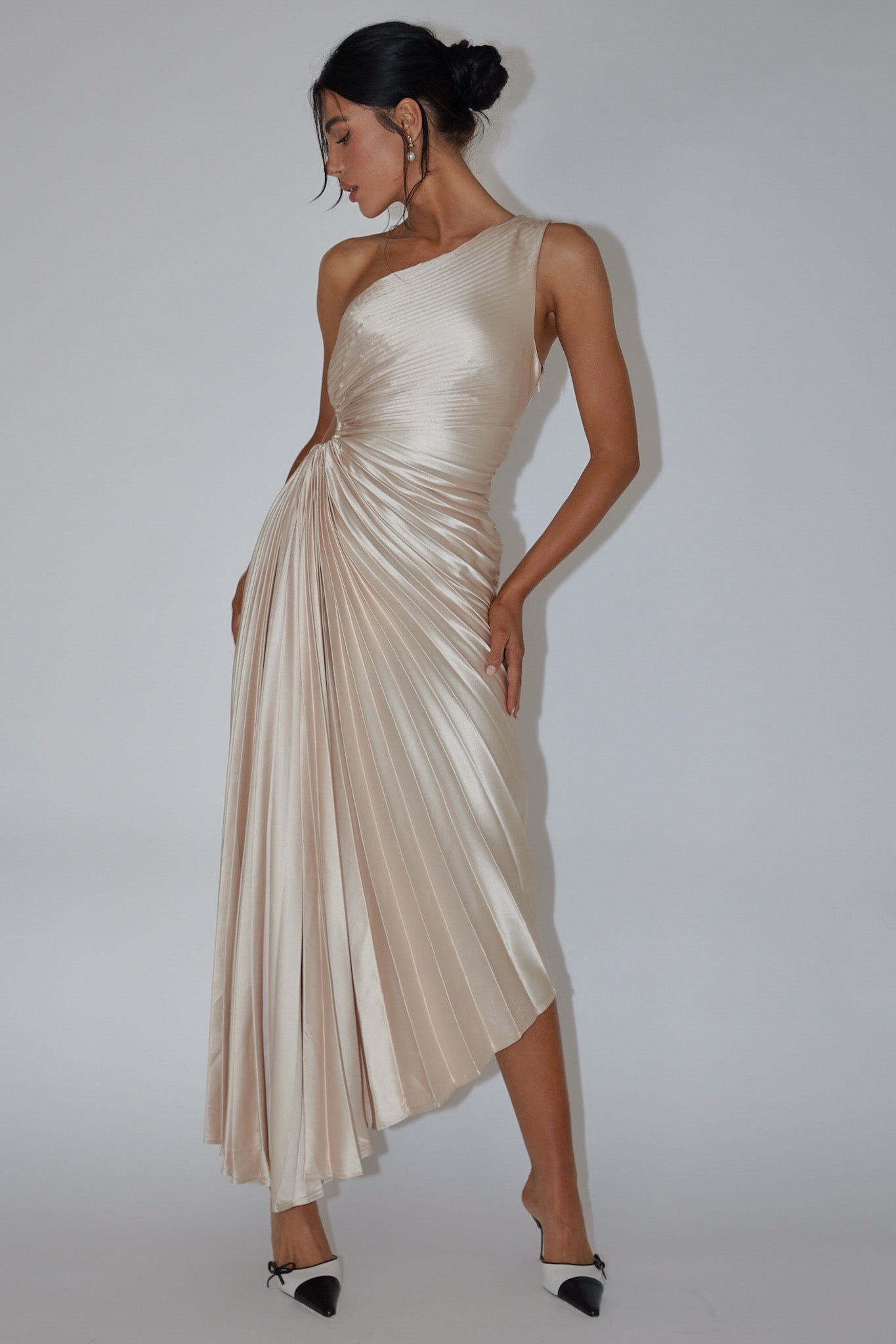 Shop the Brooklynn One-Shoulder Accordion Pleat Dress Champagne