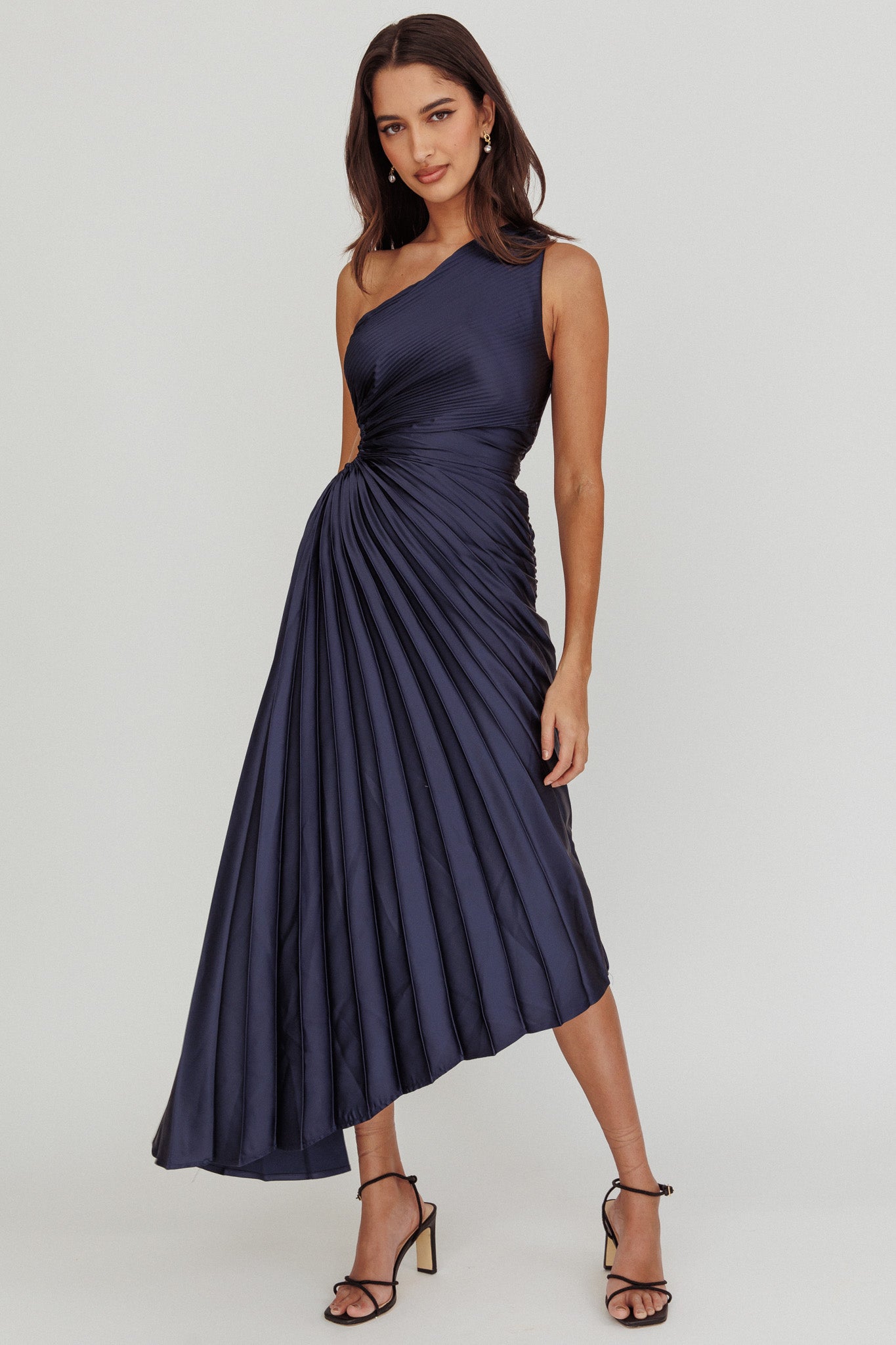 Brooklynn One-Shoulder Accordion Pleat Midi Dress Navy Brooklynn One-Shoulder Accordion Pleat Midi Dress Navy
