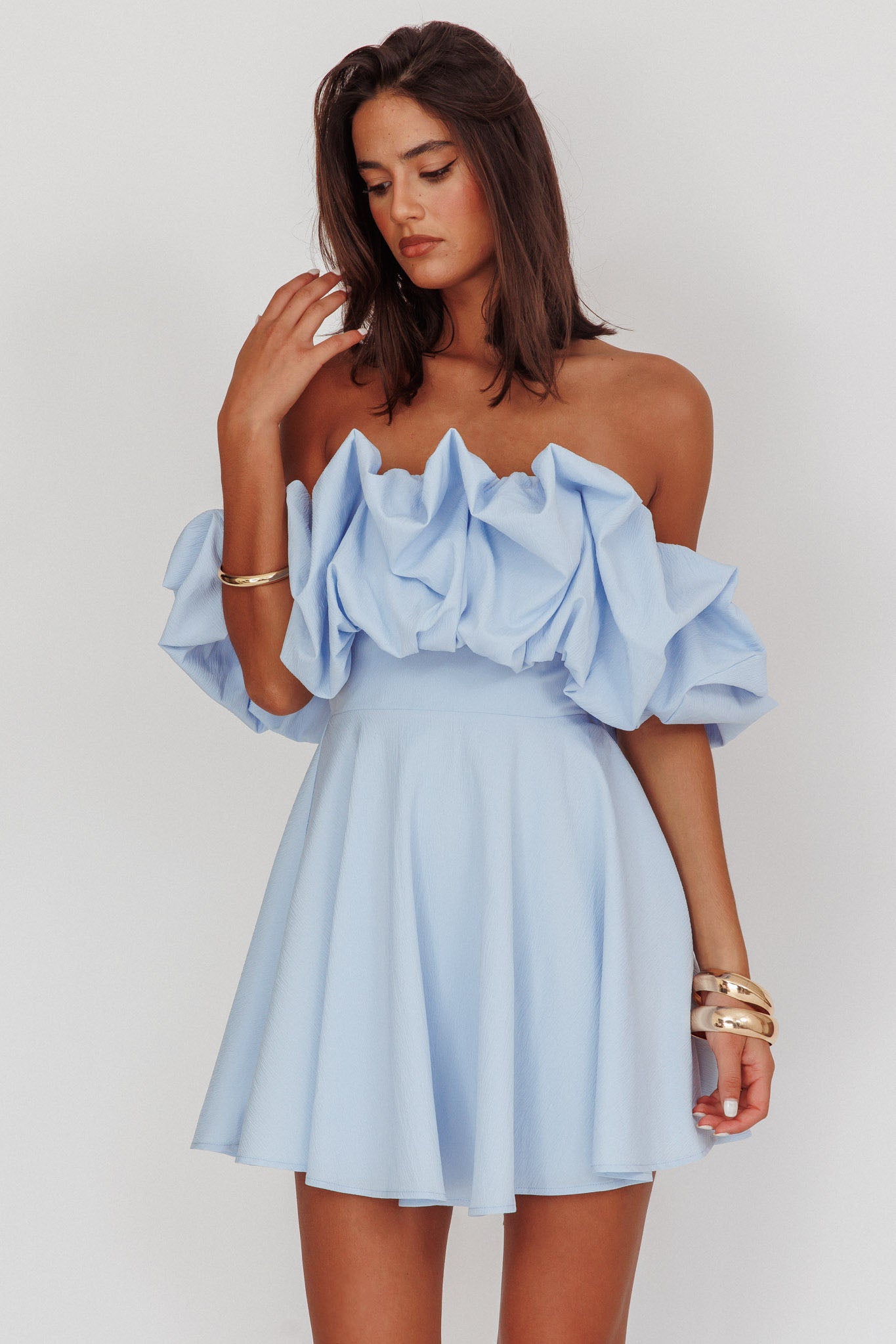 Kailynn Off-Shoulder A-Line Mini Dress Blue– Selfie Leslie
