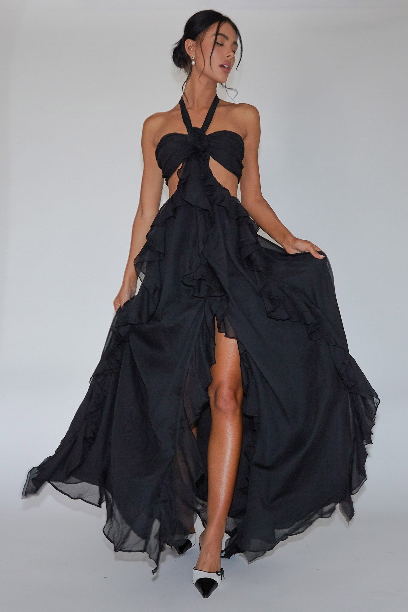 Santiago Cut-Out Ruffle Maxi Dress Black Selfie Leslie Santiago Cut-Out Ruffle Maxi Dress Black Selfie Leslie