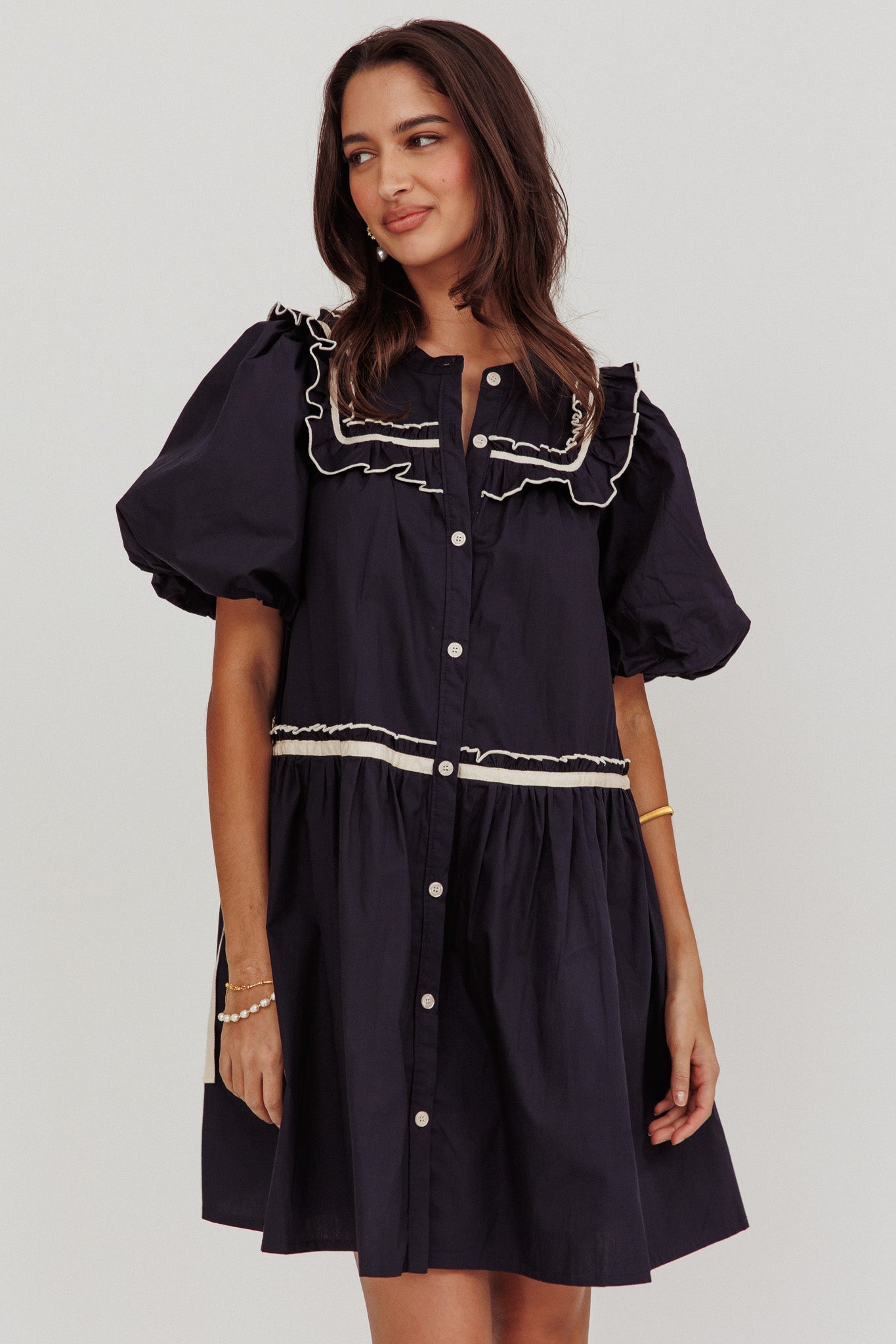 puff sleeve ruffle mini dress Late Spring Puff Sleeves Ruffle Mini Dress Navy