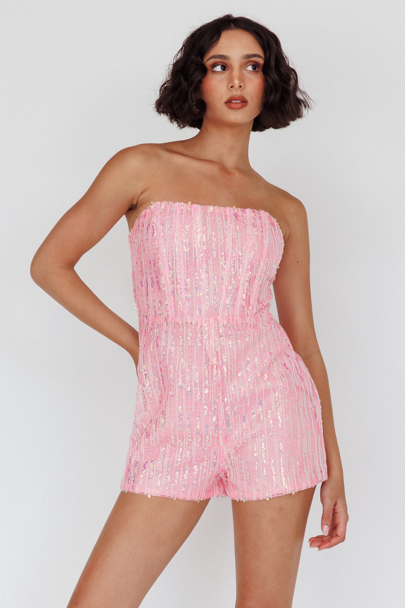 Wild Dreams Strapless Sequin Romper Pink Wild Dreams Strapless Sequin Romper Pink