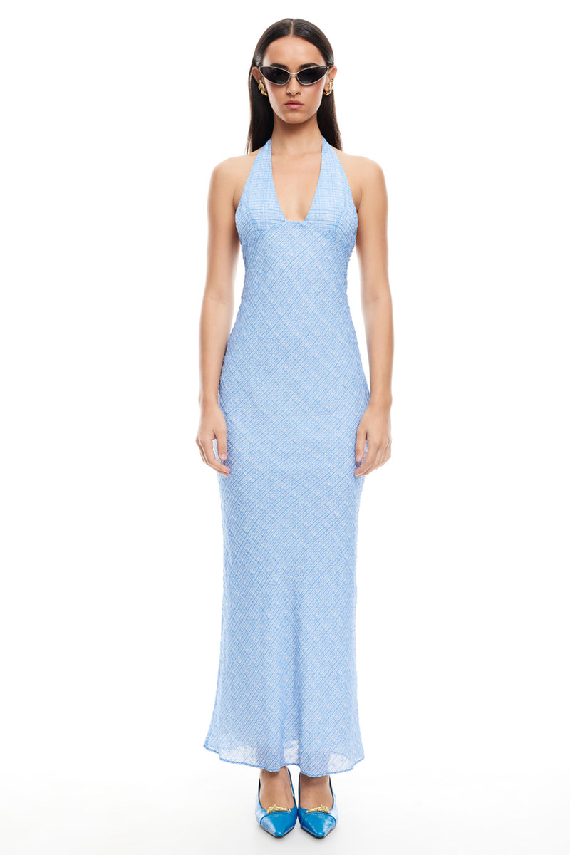Shop the LIONESS Carrie Halter Dress Blue Check