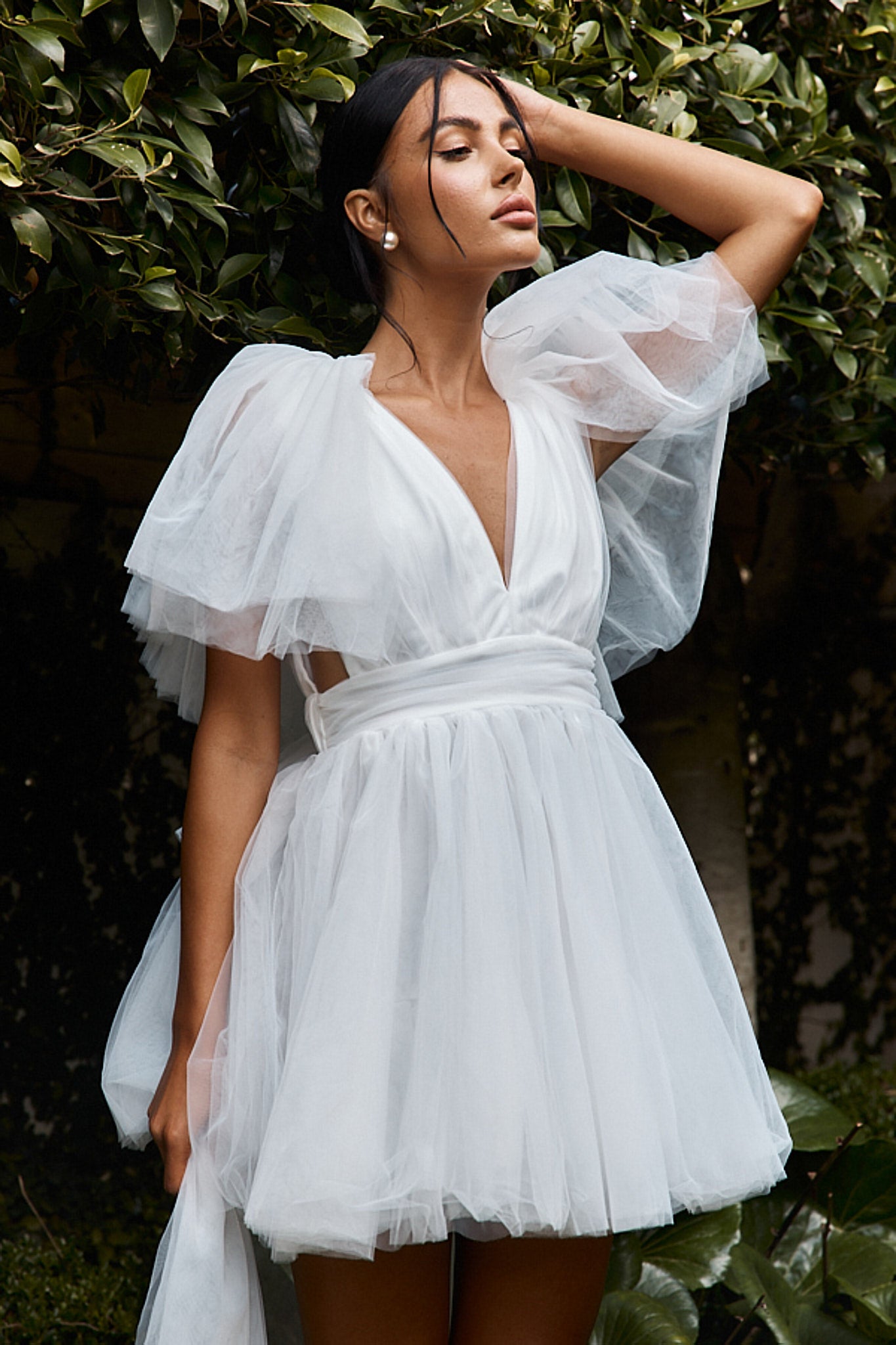 Star Power Tulle Train Mini Dress White Star Power Tulle Train Mini Dress White