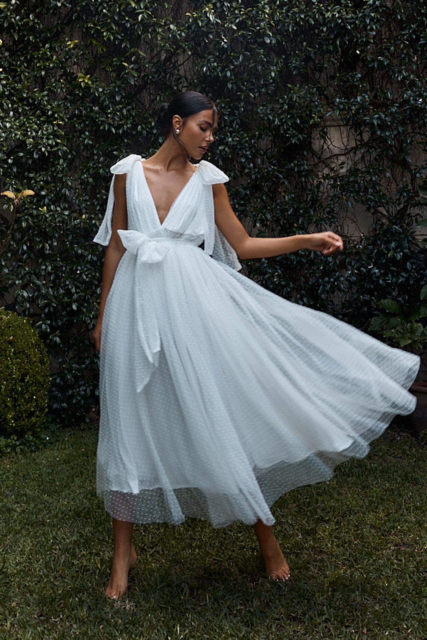 First Waltz Bow Shoulder Hail Spot Midi Dress Off White | Selfie Leslie First Waltz Bow Shoulder Hail Spot Midi Dress Off White | Selfie Leslie