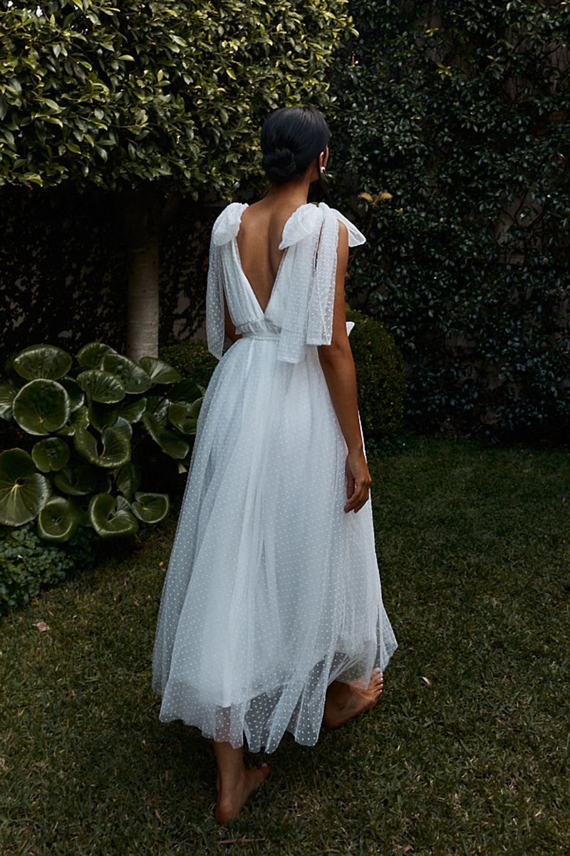 Springtime Hail Spot Chiffon Off Shoulder Dress Blush