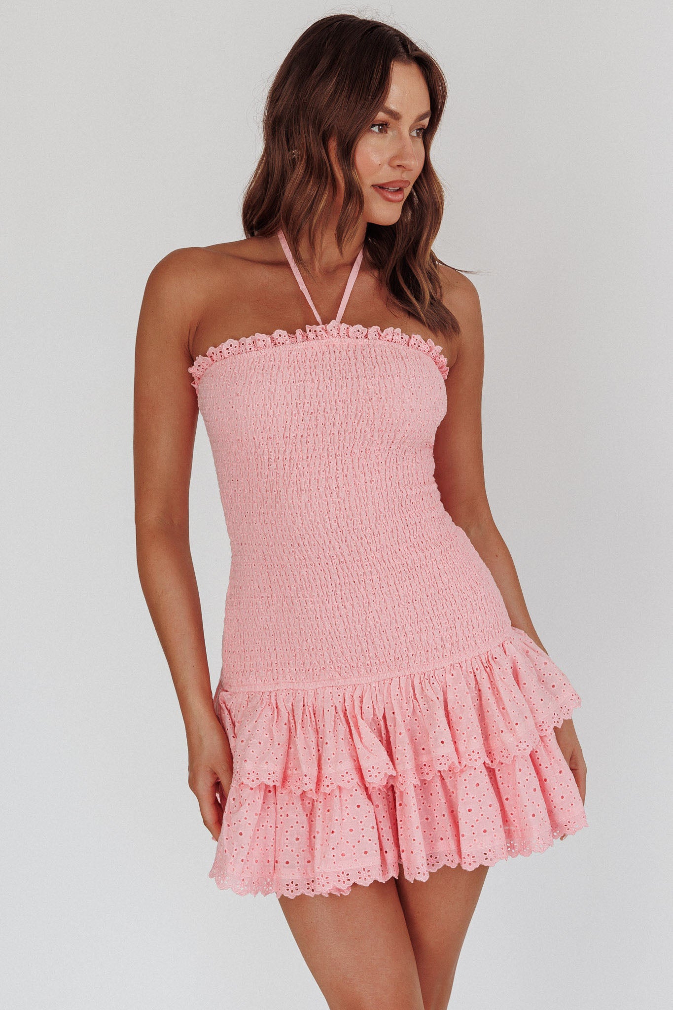Franni Shirred Drop Waist Mini Dress Pink Franni Shirred Drop Waist Mini Dress Pink