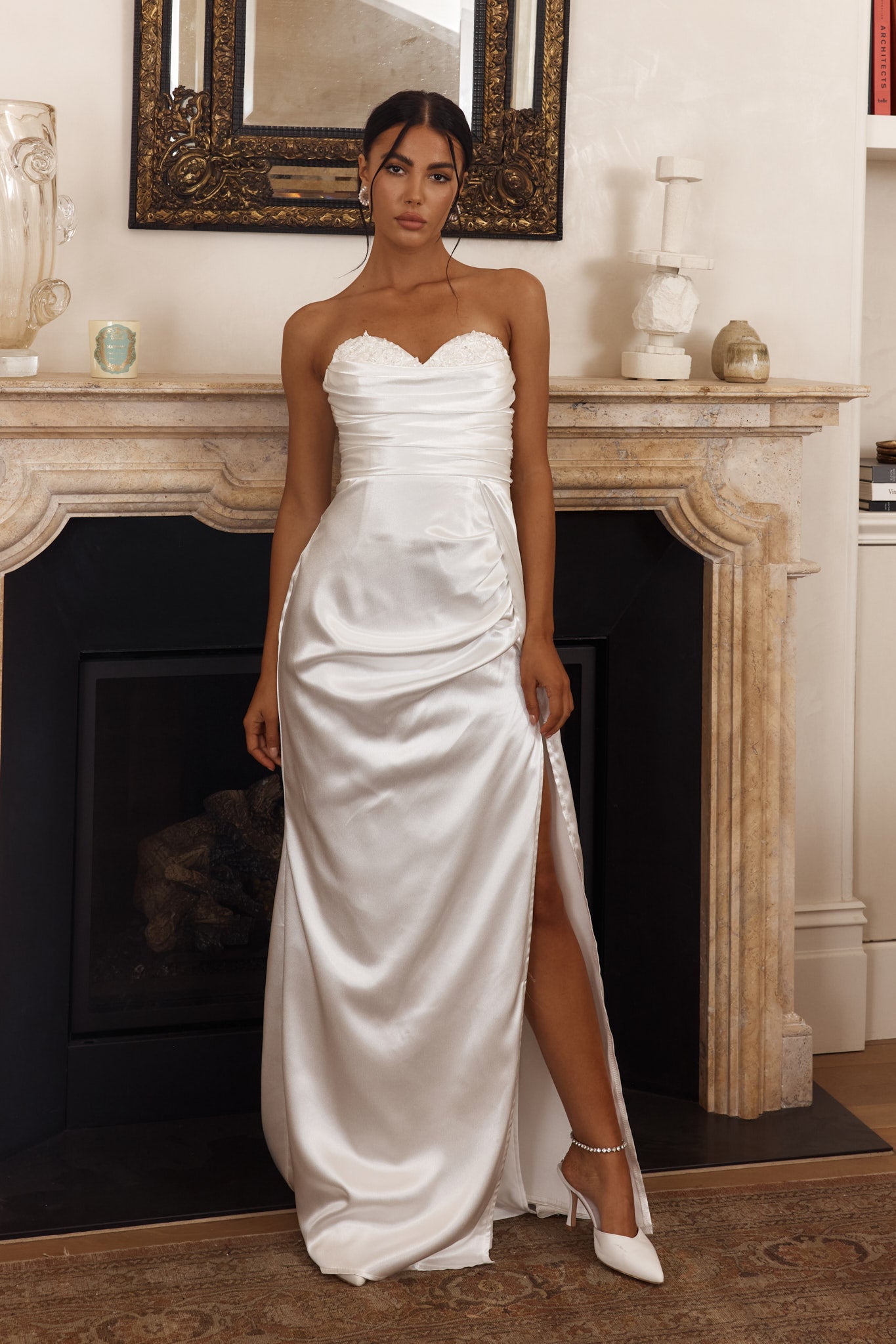 chinese dress ladies Ahava Sweetheart Applique Satin Maxi Dress White– Selfie Leslie