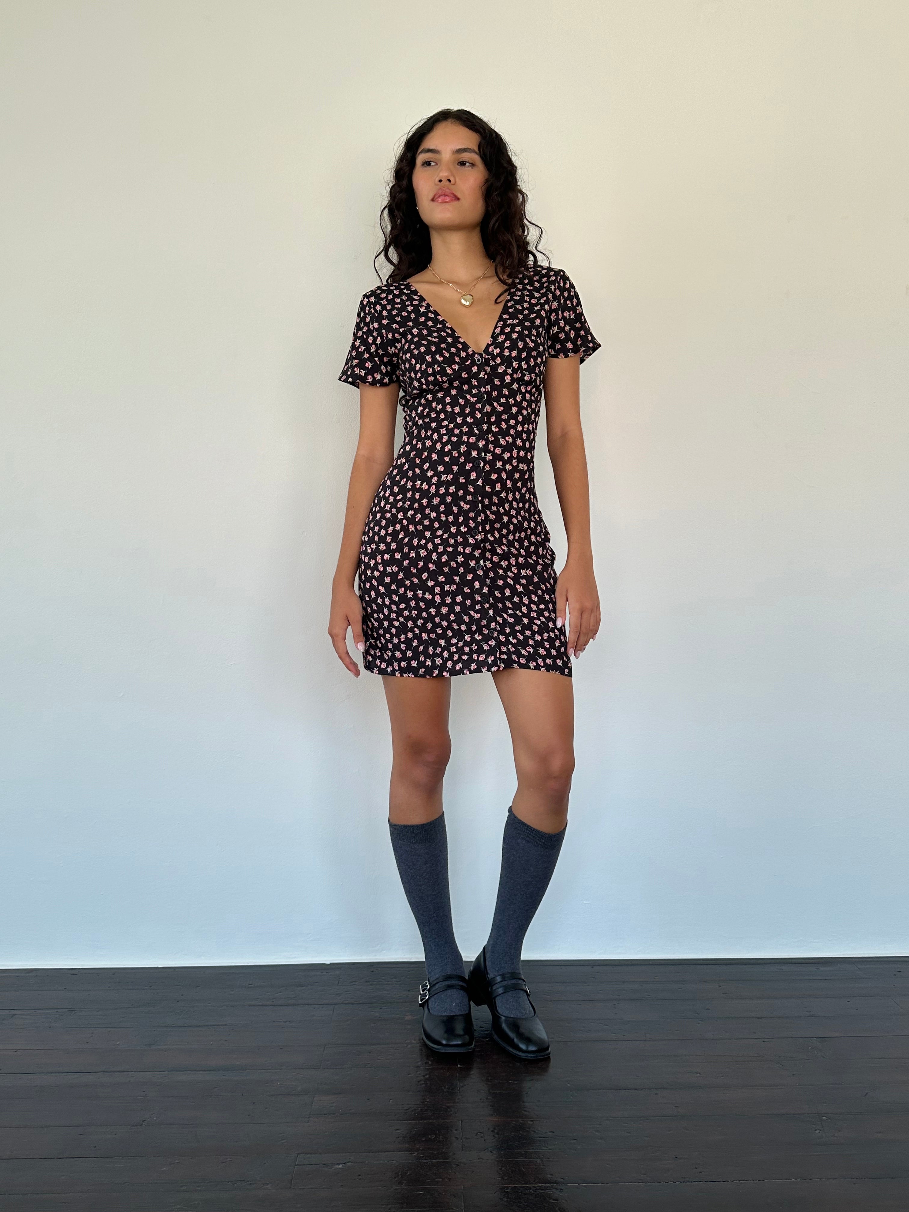 floral mini dress black Field Trip Button Front providing a stylish silhouette Genuine Grip Men's Slip-On SIZE:M / 6-8 back:cutout