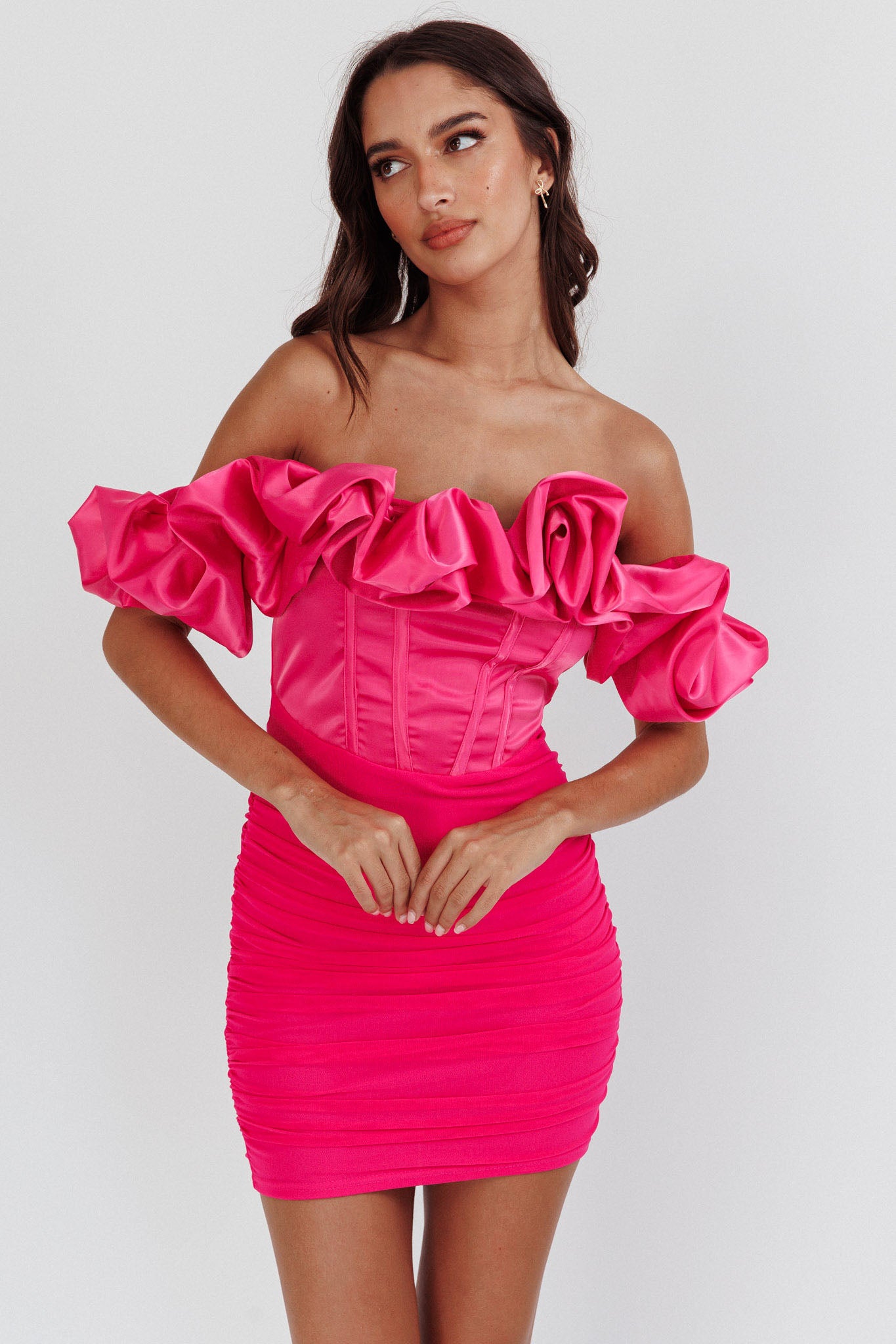 knee length dresses for ladies Arista Off-Shoulder Ruched Mini Dress Hot Pink M