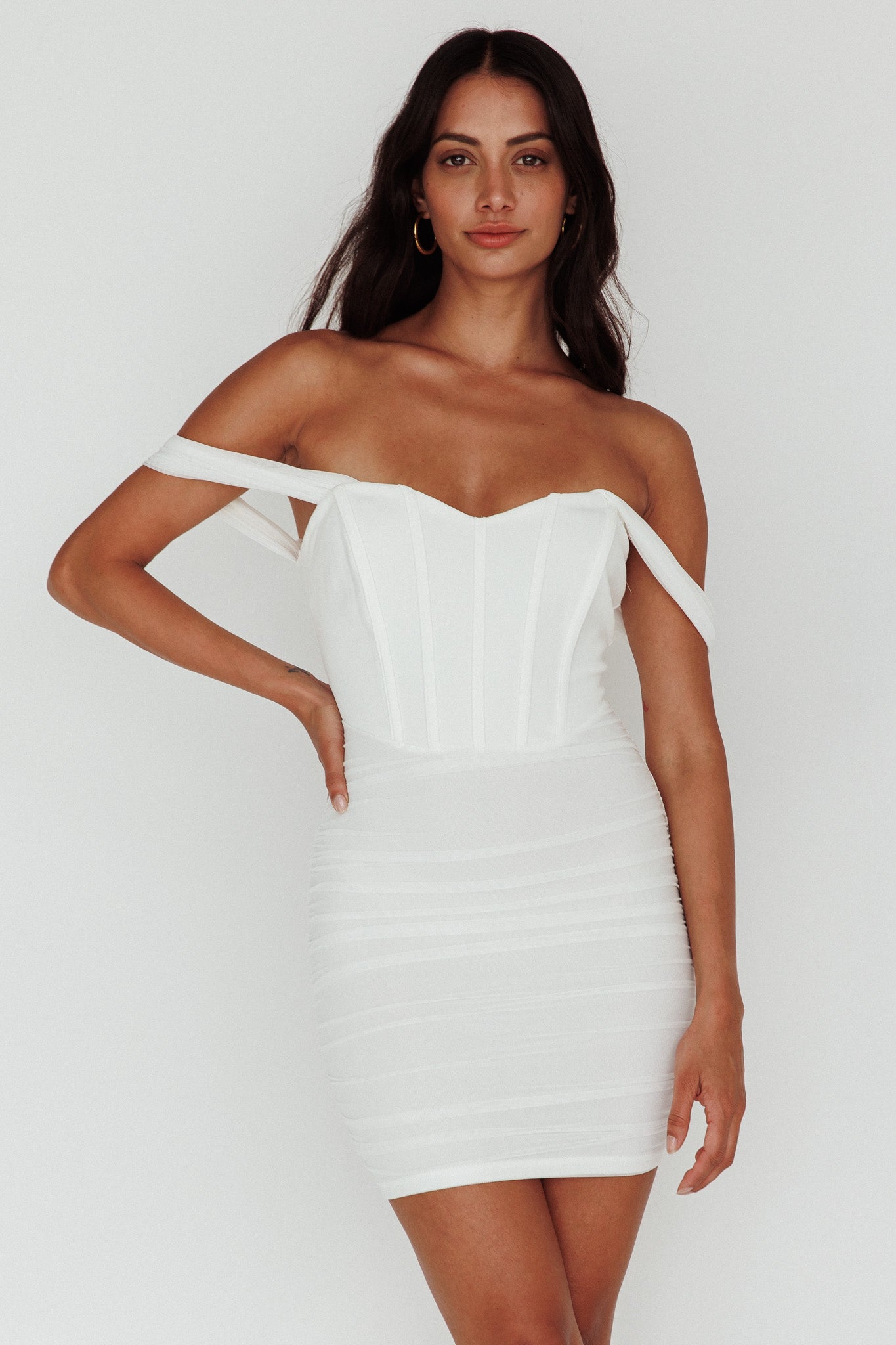 Santana Off-Shoulder Corset Mini Dress Ivory– Selfie Leslie