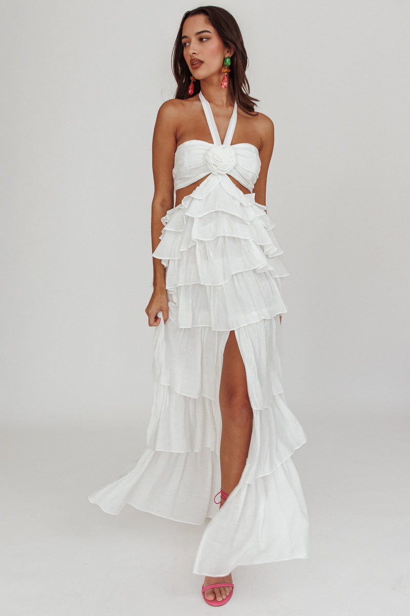 Shop the Morpheus Ruffle Halterneck Maxi Dress Off White