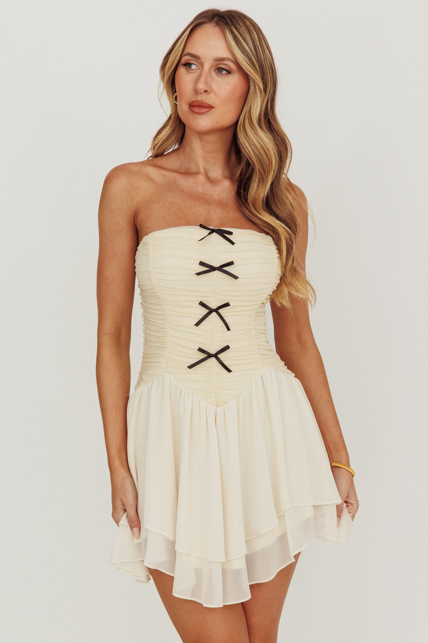 Cherry Lips Strapless Chiffon Mini Dress Cream– Selfie Leslie