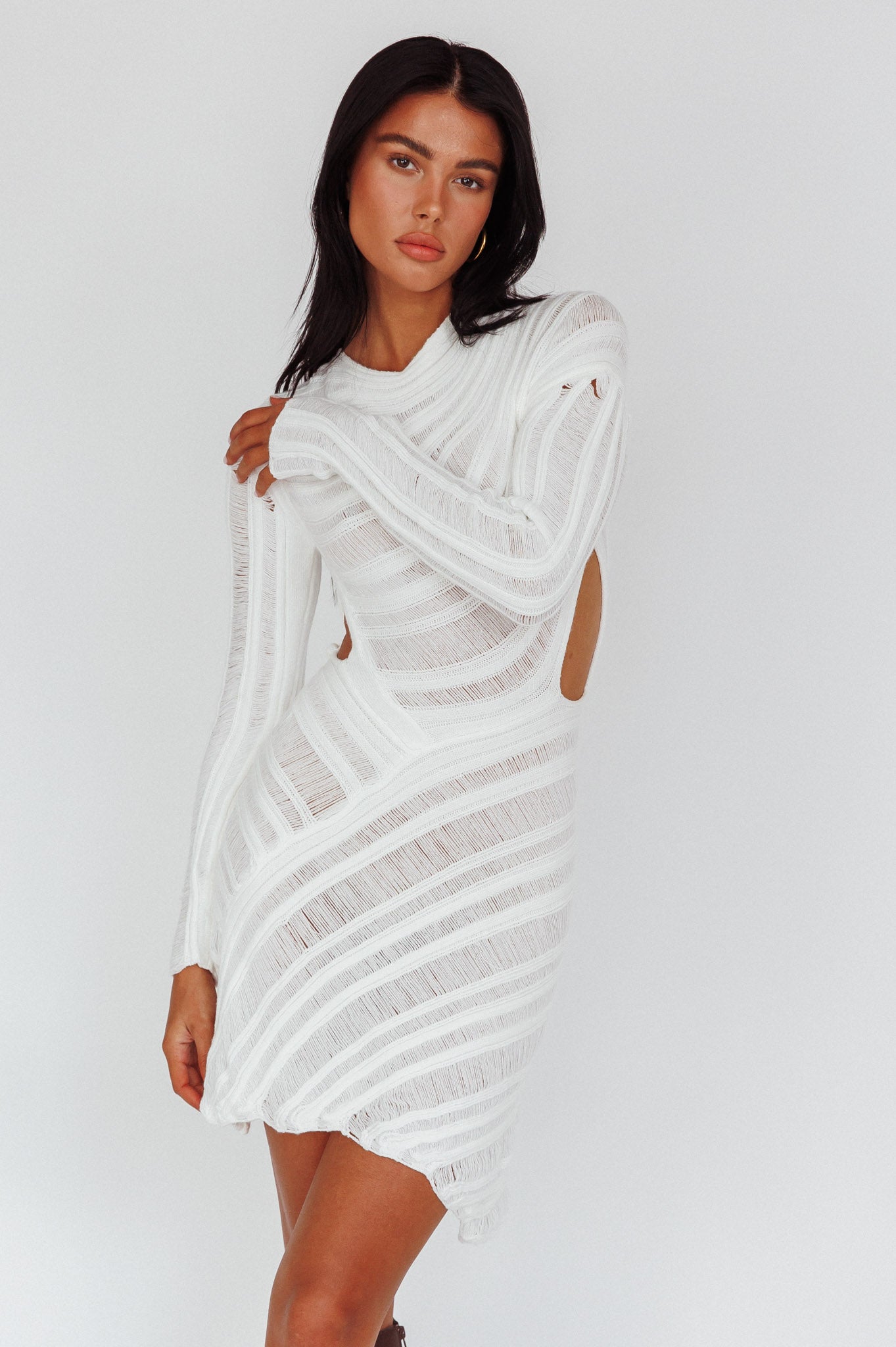 long sleeve crochet style mini dress Li White Crochet Long Sleeve Mini Dress - US 2