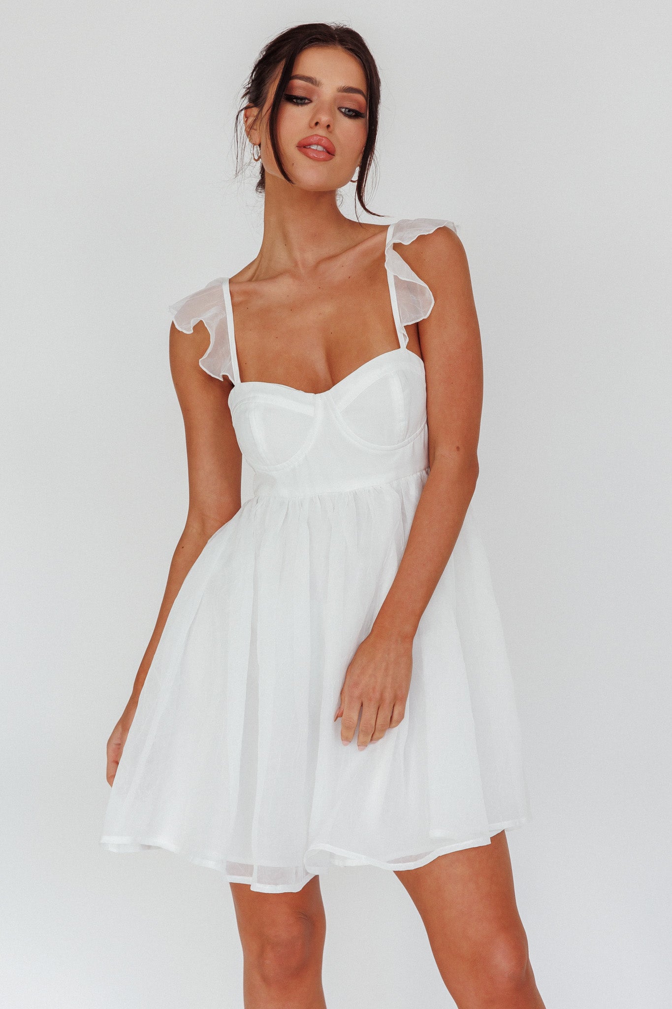 Zalia Ruffle Strap Babydoll Dress White– Selfie Leslie