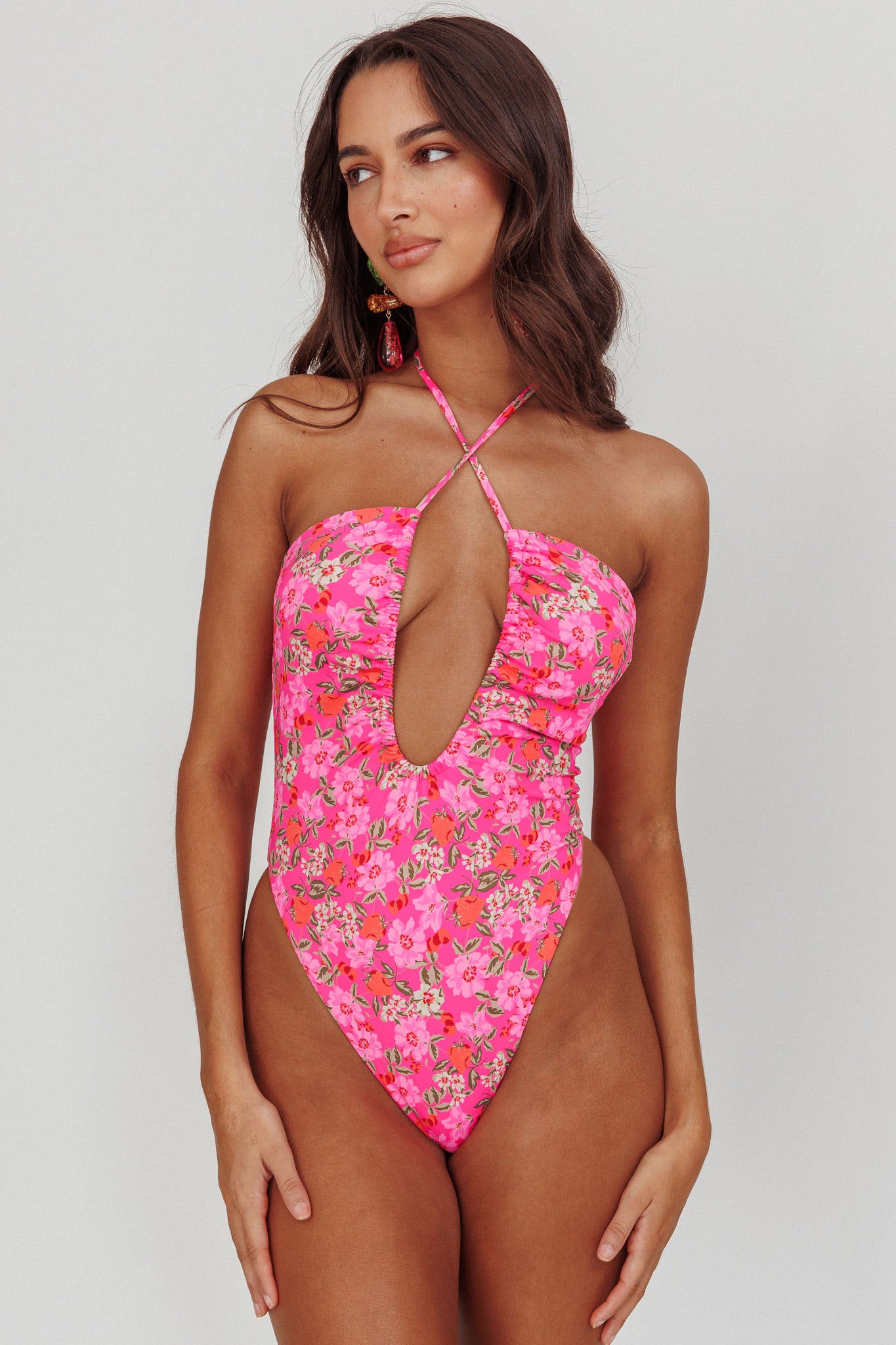 Theia Halterneck One Peice Swimsuit Pink Floral– Selfie Leslie