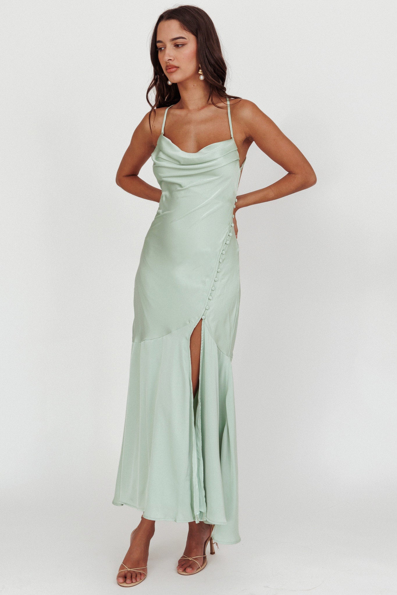 Elpis Cowl Button Satin Maxi Dress Mint Elpis Cowl Button Satin Maxi Dress Mint