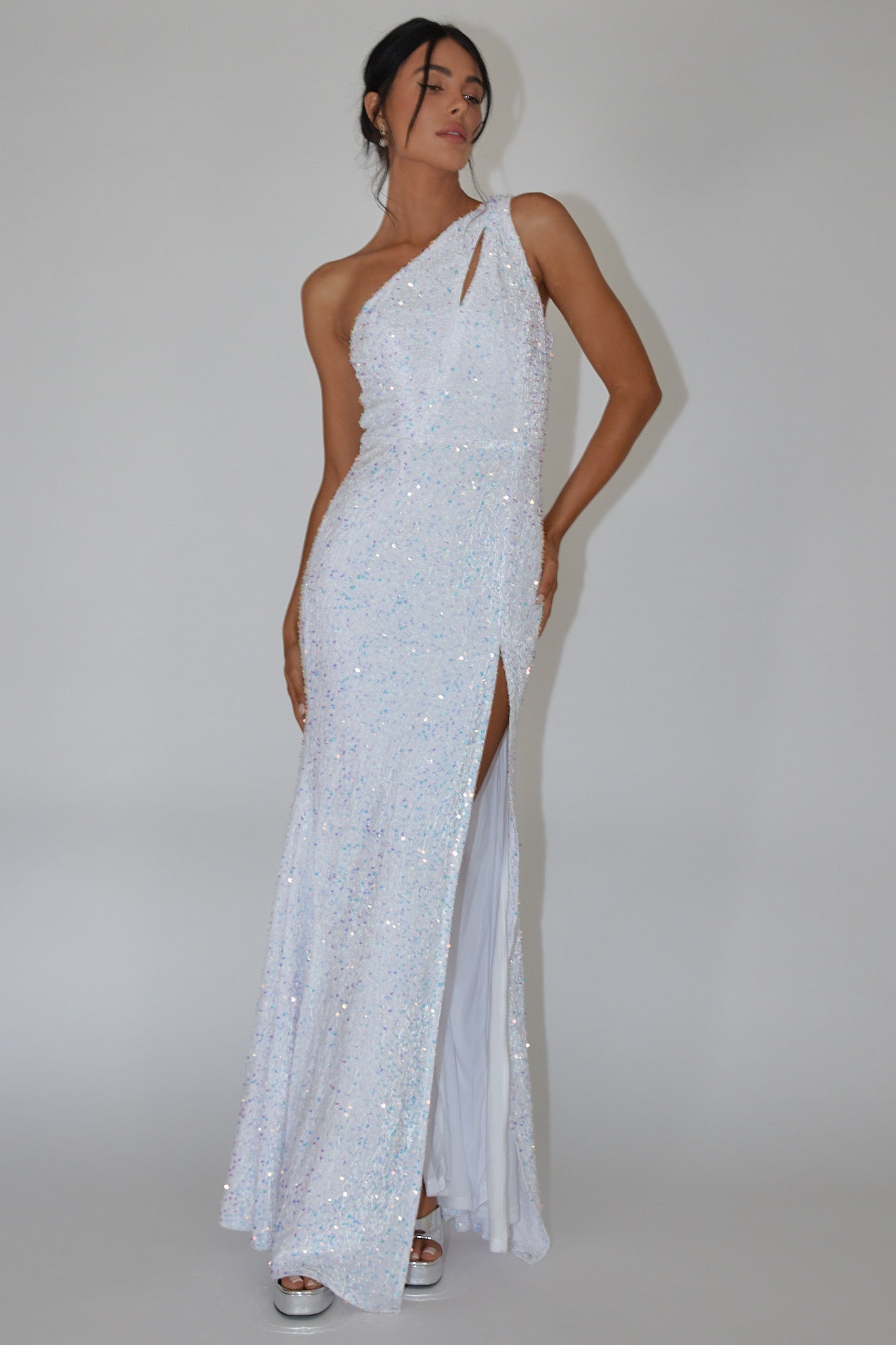 Ambrely One-Shoulder Sequin Maxi Dress White Selfie Leslie Ambrely One-Shoulder Sequin Maxi Dress White Selfie Leslie