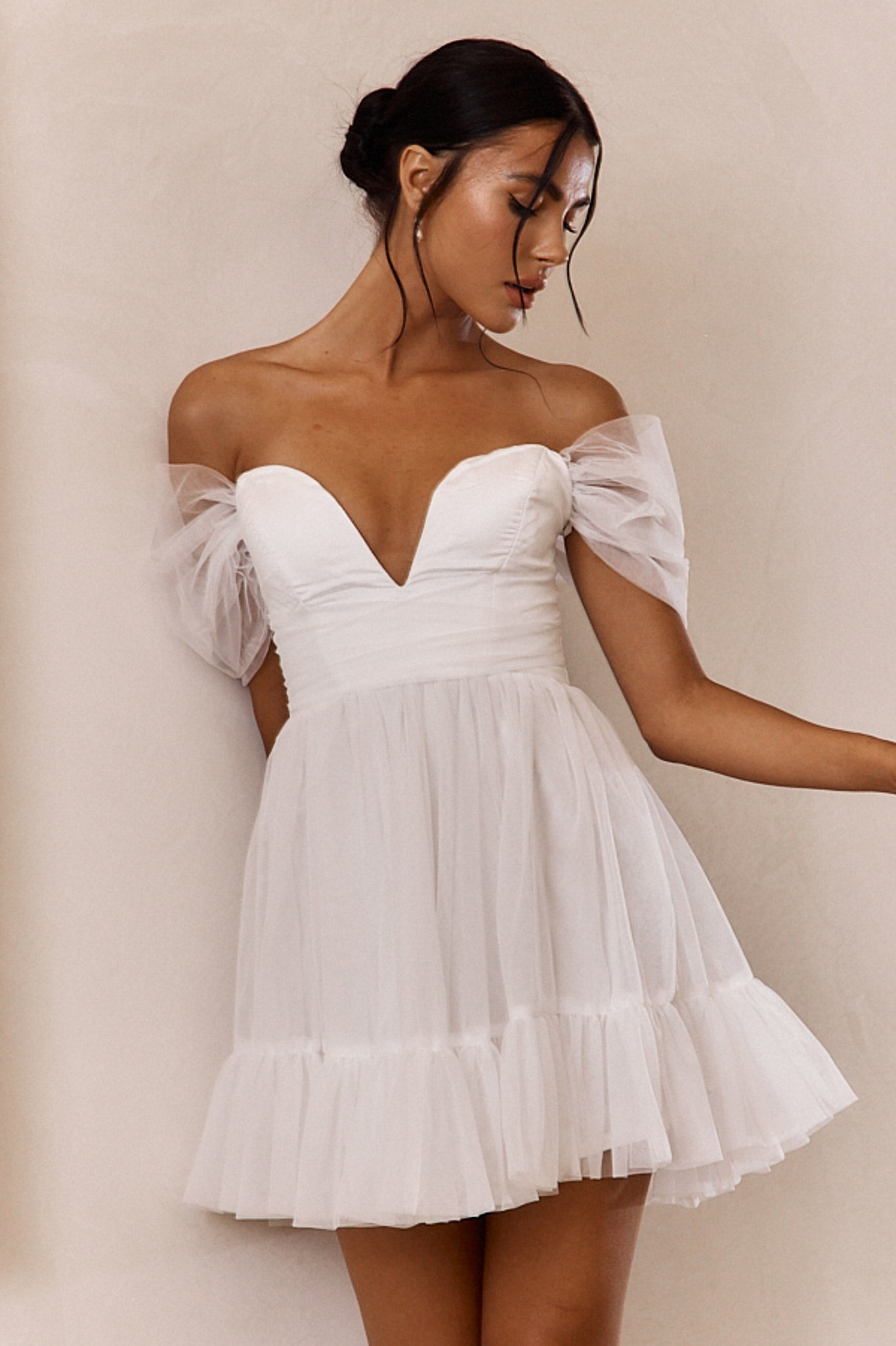 Pixi Off-Shoulder Lace-Up Back Mini Dress White Pixi Off-Shoulder Lace-Up Back Mini Dress White