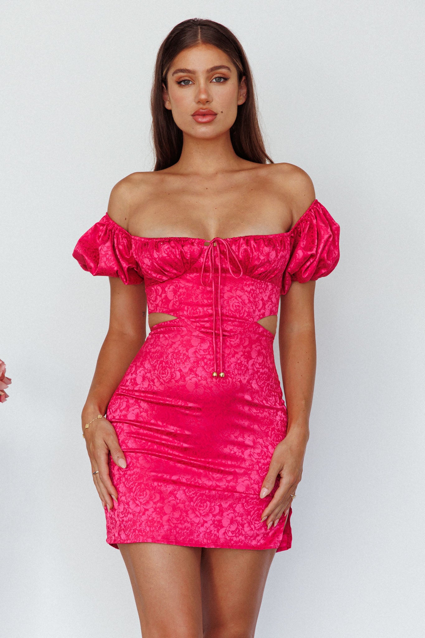 Eryn Puff Sleeve Jacquard Mini Dress Hot Pink - XS Eryn Puff Sleeve Jacquard Mini Dress Hot Pink - XS