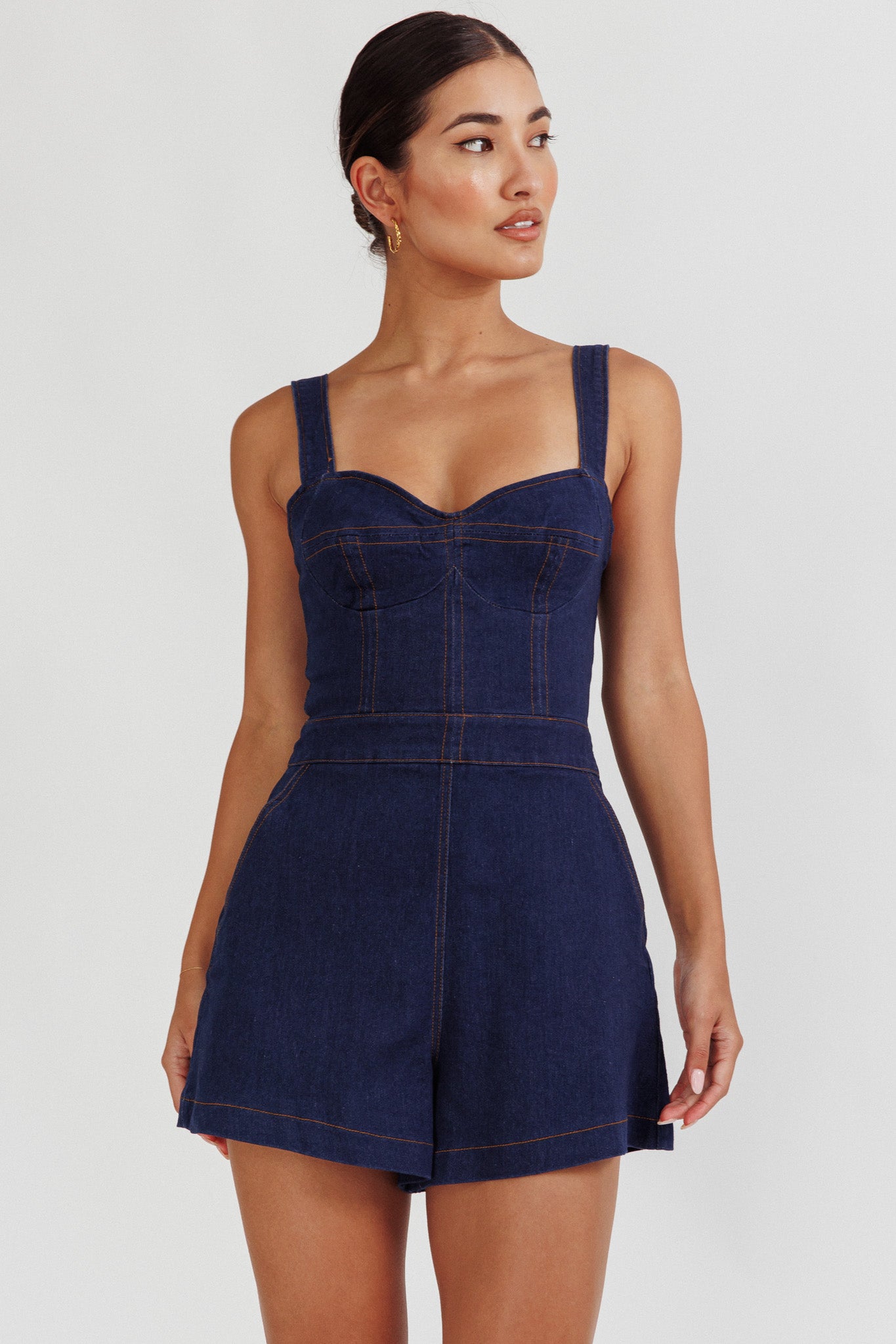 Tease Me Sweetheart Neckline Denim Romper Indigo– Selfie Leslie