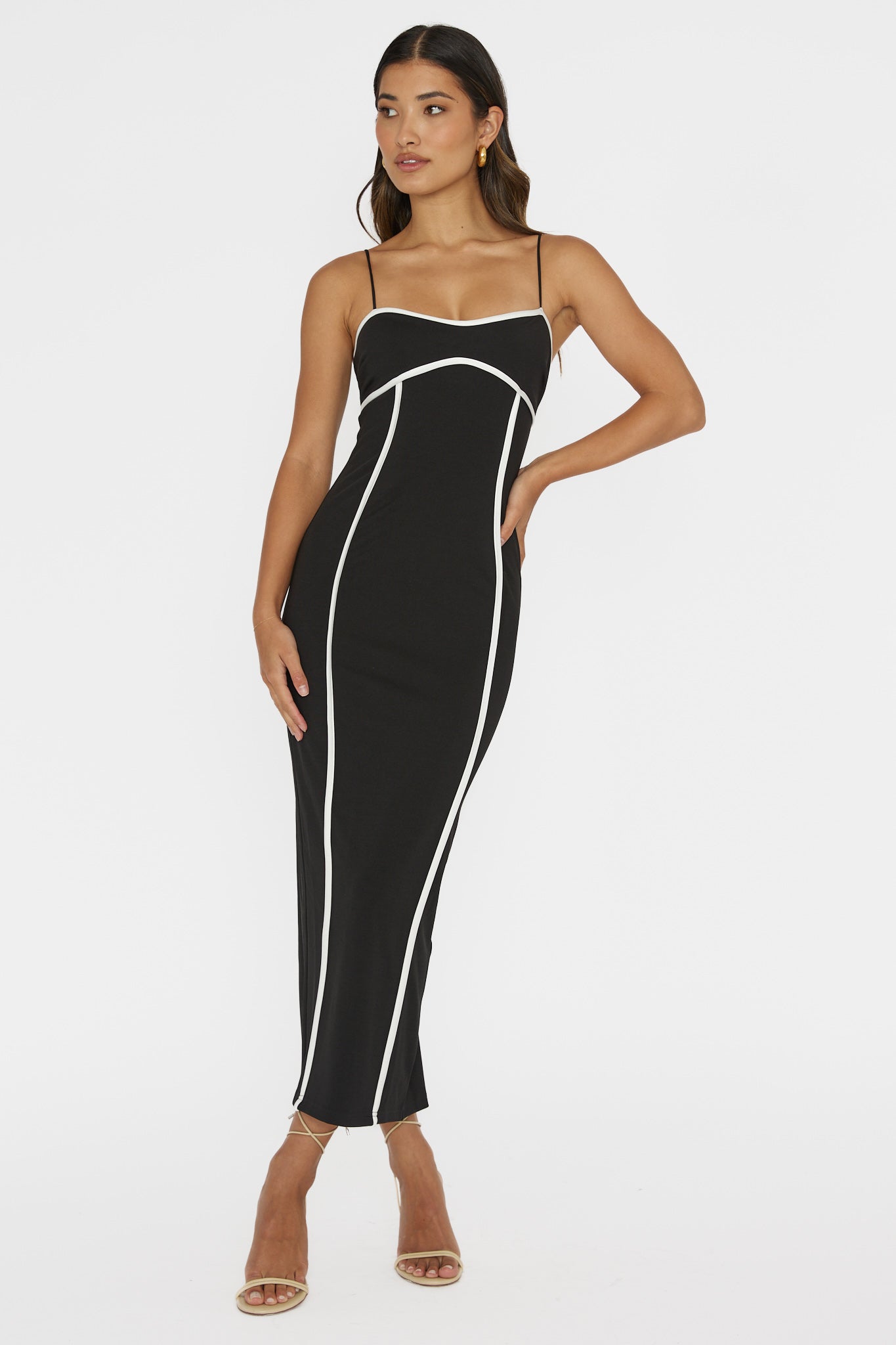 Justyna Contrast Piping Trim Midi Dress Black Justyna Contrast Piping Trim Midi Dress Black