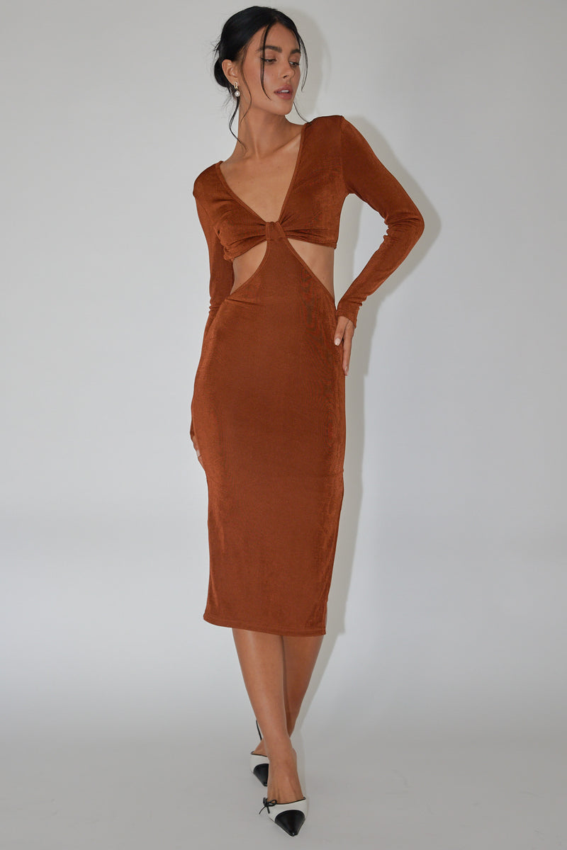 Acapulco Long Sleeve Cut-Out Waist Side Split Midi Dress Mocha