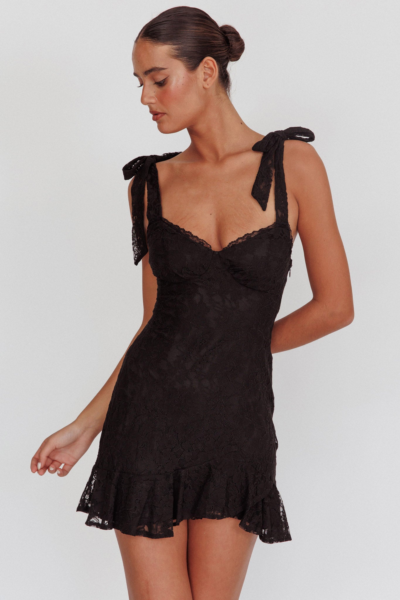 Emine Bow Shoulder Lace Mini Dress Black | Selfie Leslie Emine Bow Shoulder Lace Mini Dress Black | Selfie Leslie