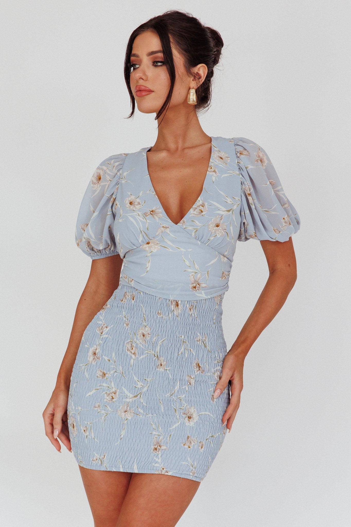 shirred mini dress La Nena Shirred Mini Dress Floral Blue