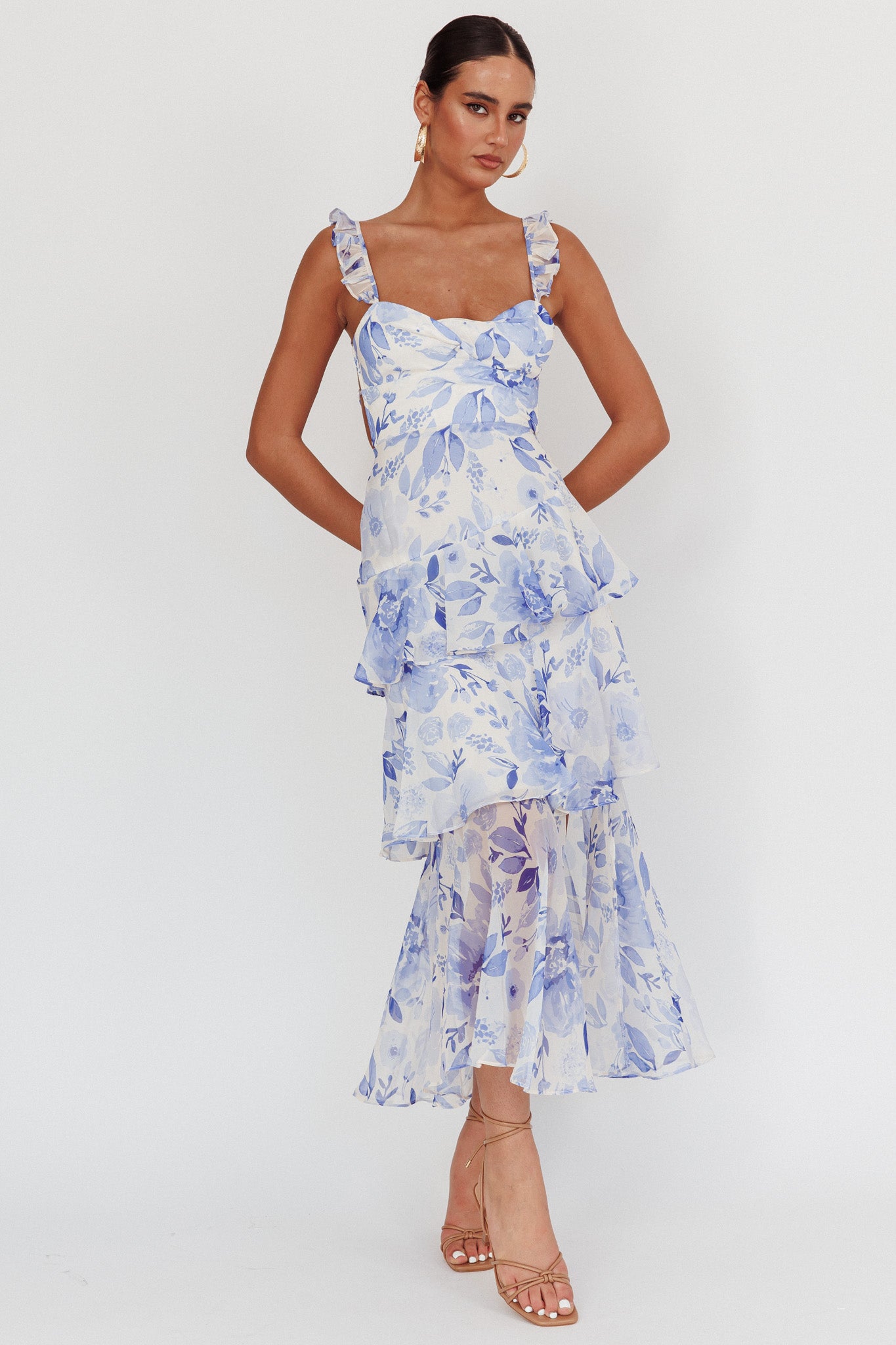 Veda Strappy Back Ruffle Maxi Dress Flowers Blue Selfie Leslie Veda Strappy Back Ruffle Maxi Dress Flowers Blue Selfie Leslie