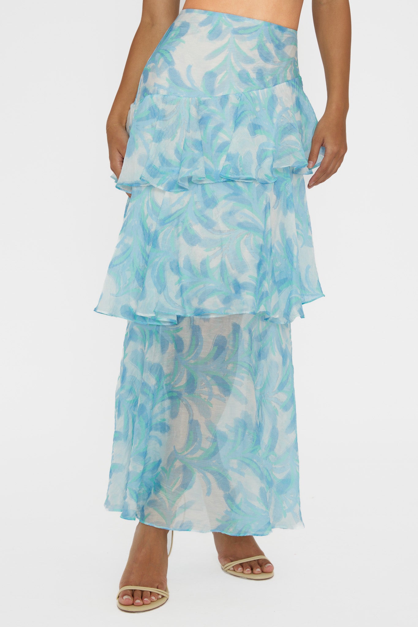 Veda Tiered Ruffle Maxi Skirt Floral Blue by Selfie Leslie