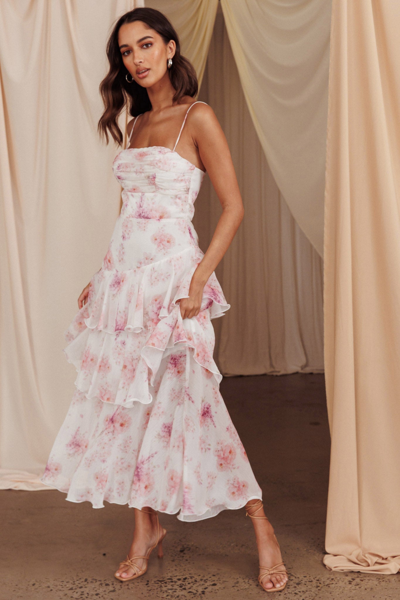 Veda Tiered Layer Midi Dress Floral Blush Veda Tiered Layer Midi Dress Floral Blush