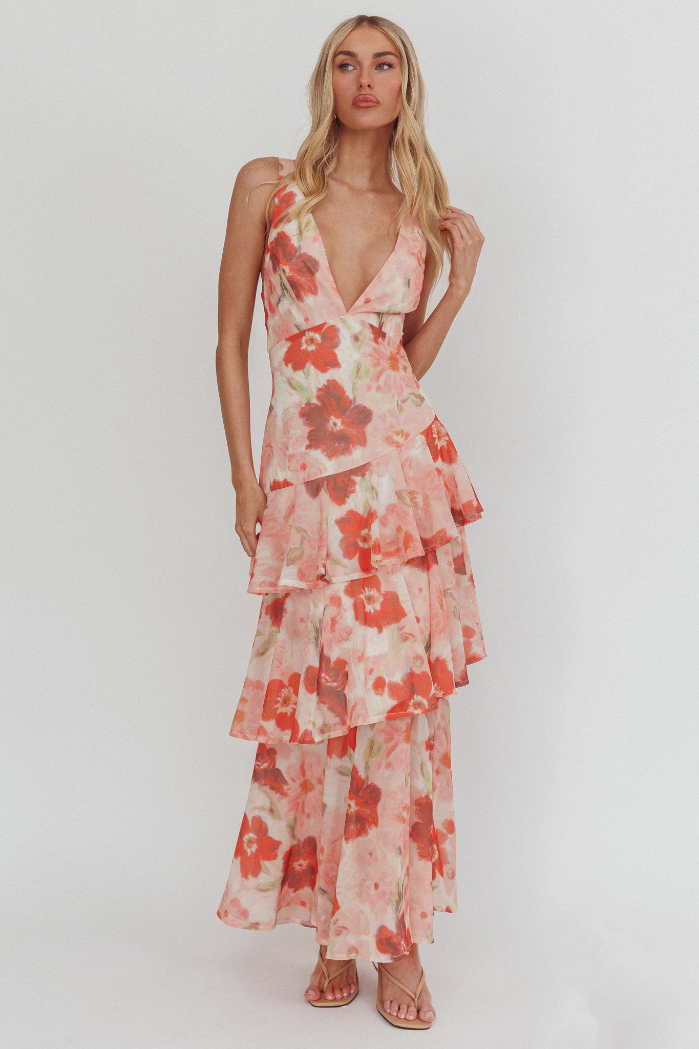 Veda Strappy Back Ruffle Maxi Dress Poppies Red Selfie Leslie Veda Strappy Back Ruffle Maxi Dress Poppies Red Selfie Leslie