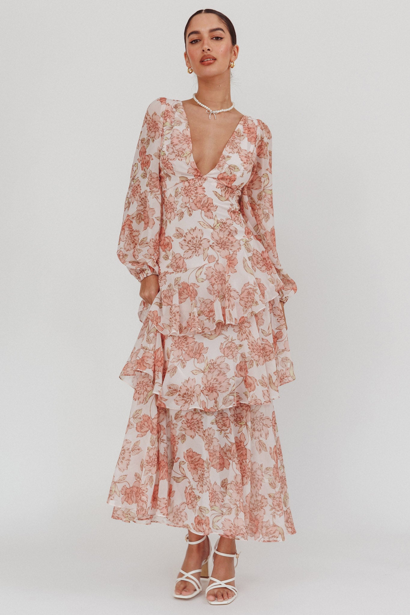 Veda Long Sleeve Floral Tiered Ruffle Maxi Dress Pink - S Veda Long Sleeve Floral Tiered Ruffle Maxi Dress Pink - S
