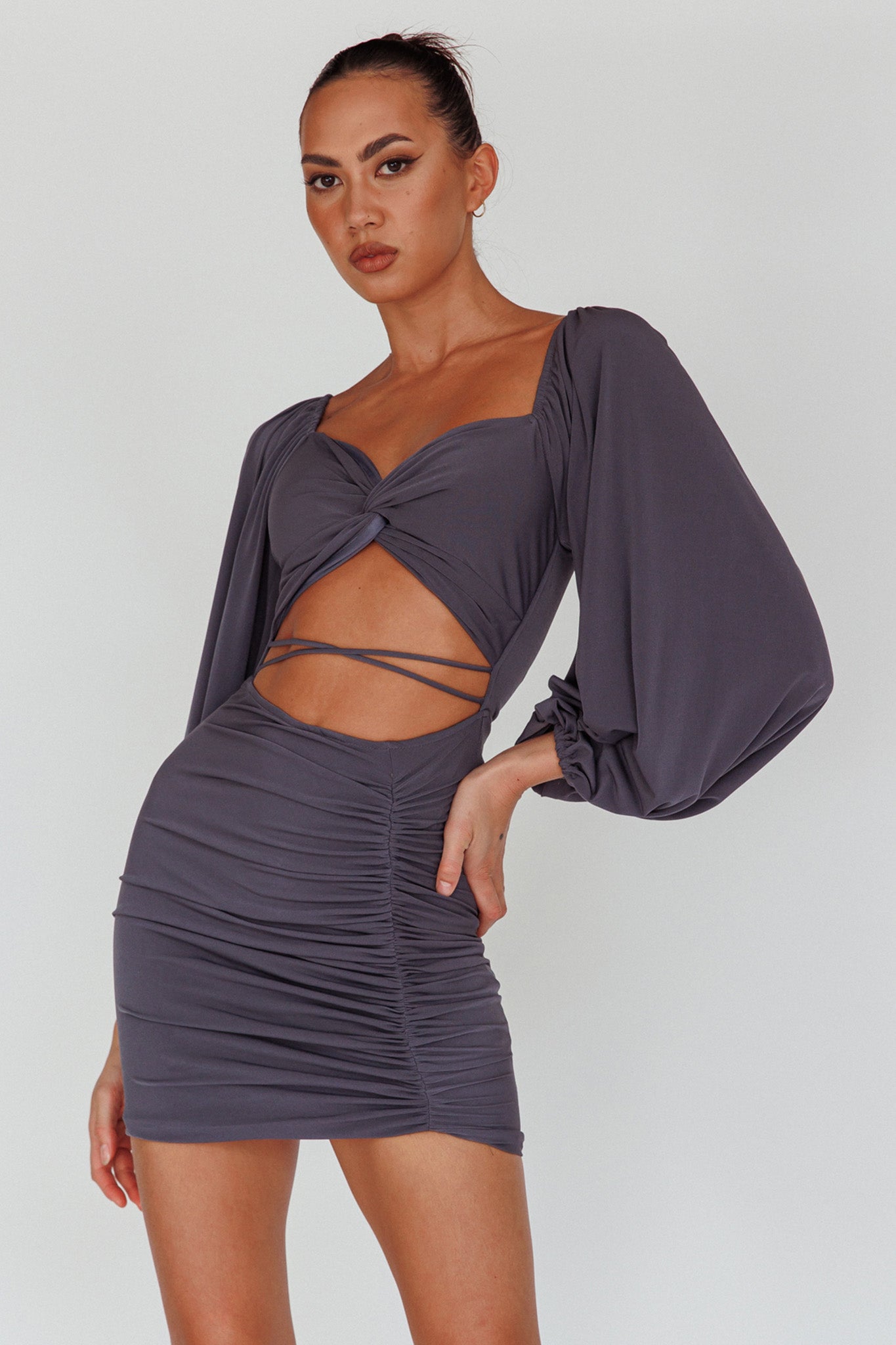 ruched bust cut out long sleeve mini dress In Luck Cut-Out Waist Ruched Mini Dress Charcoal